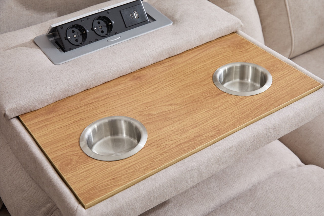 Canapea 3 locuri cu 2 reclinere electrice, masuta, USB-C, suport pahare, lumini de citire, lumini LED, Torven 216x96cm