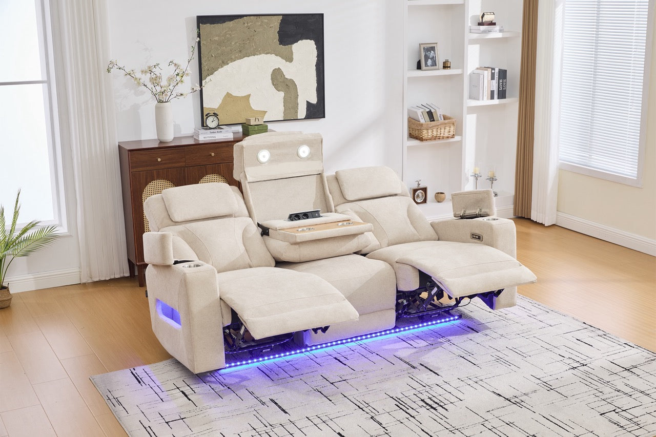 Canapea 3 locuri cu 2 reclinere electrice, masuta, USB-C, suport pahare, lumini de citire, lumini LED, Torven 216x96cm