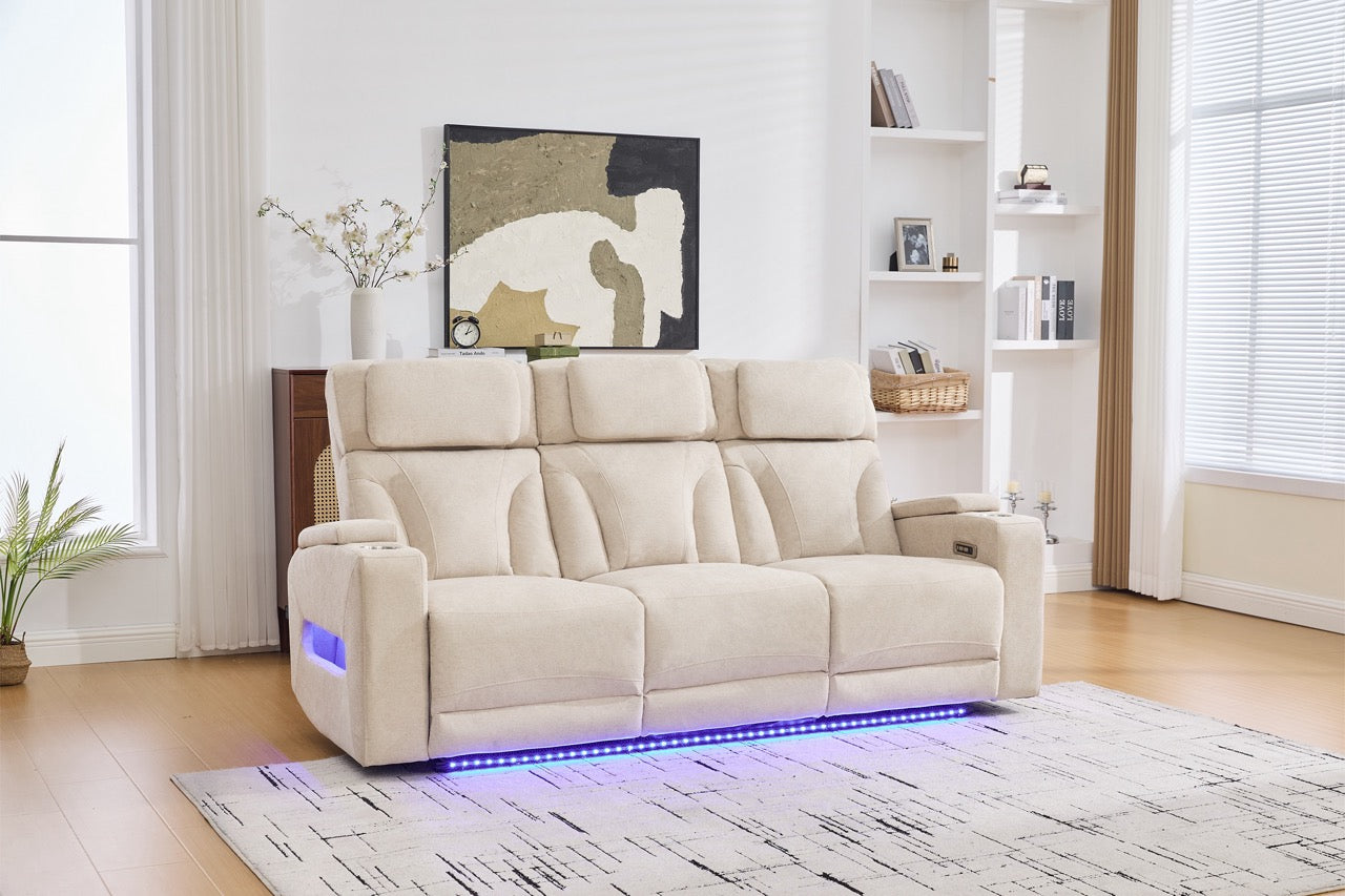 Canapea 3 locuri cu 2 reclinere electrice, masuta, USB-C, suport pahare, lumini de citire, lumini LED, Torven 216x96cm