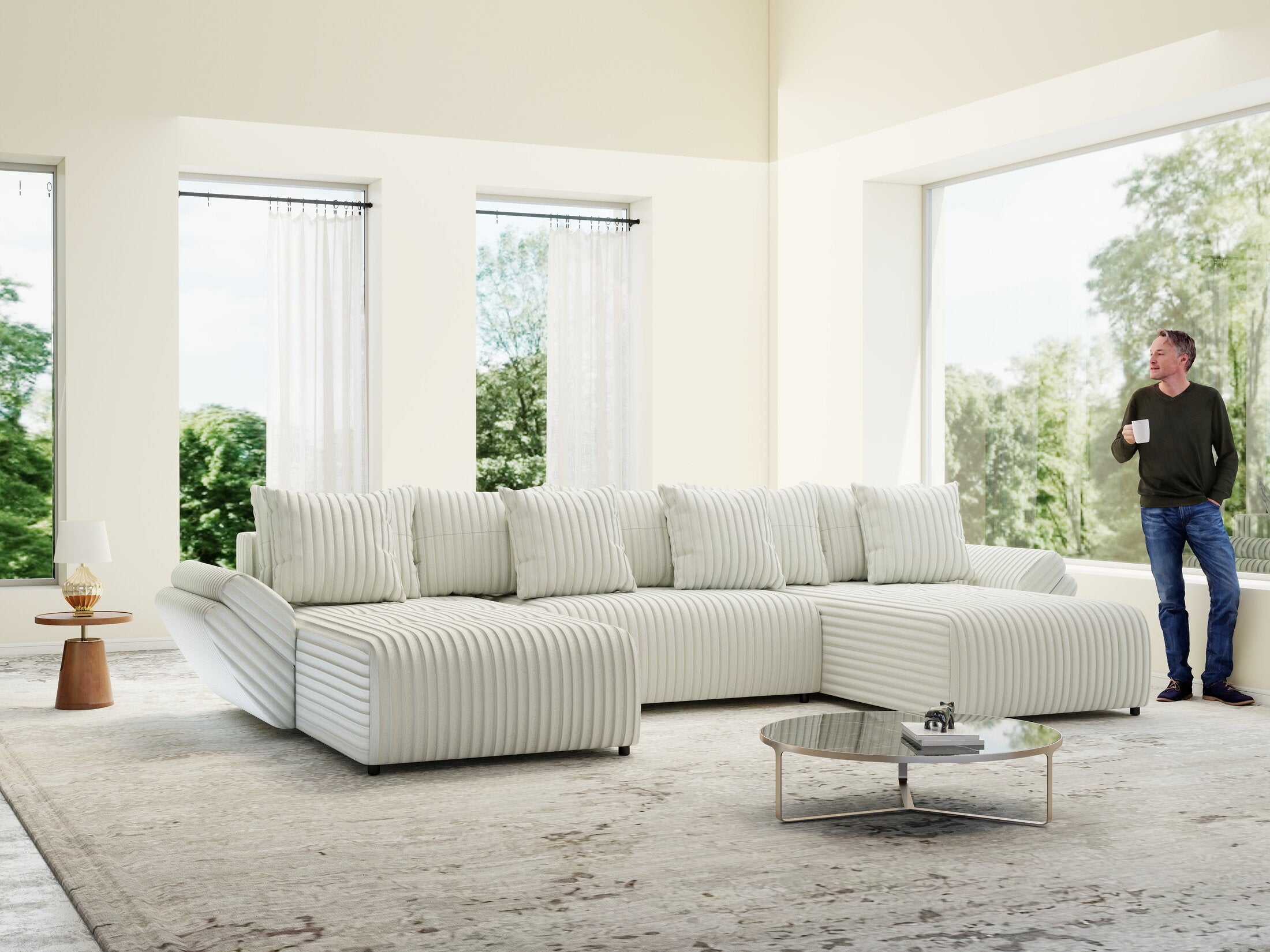 Colțar extensibil dumonde cu ladă de depozitare si sezut confortabil din spuma HR, Berlin U Ambience Ivory 380x180 cm