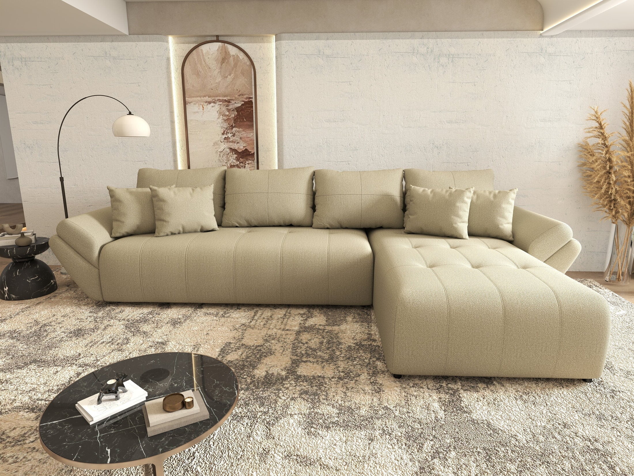 Colțar extensibil dumonde cu ladă de depozitare si sezut confortabil din spuma HR, Berlin XL Enjoy Camel 350x185 cm II