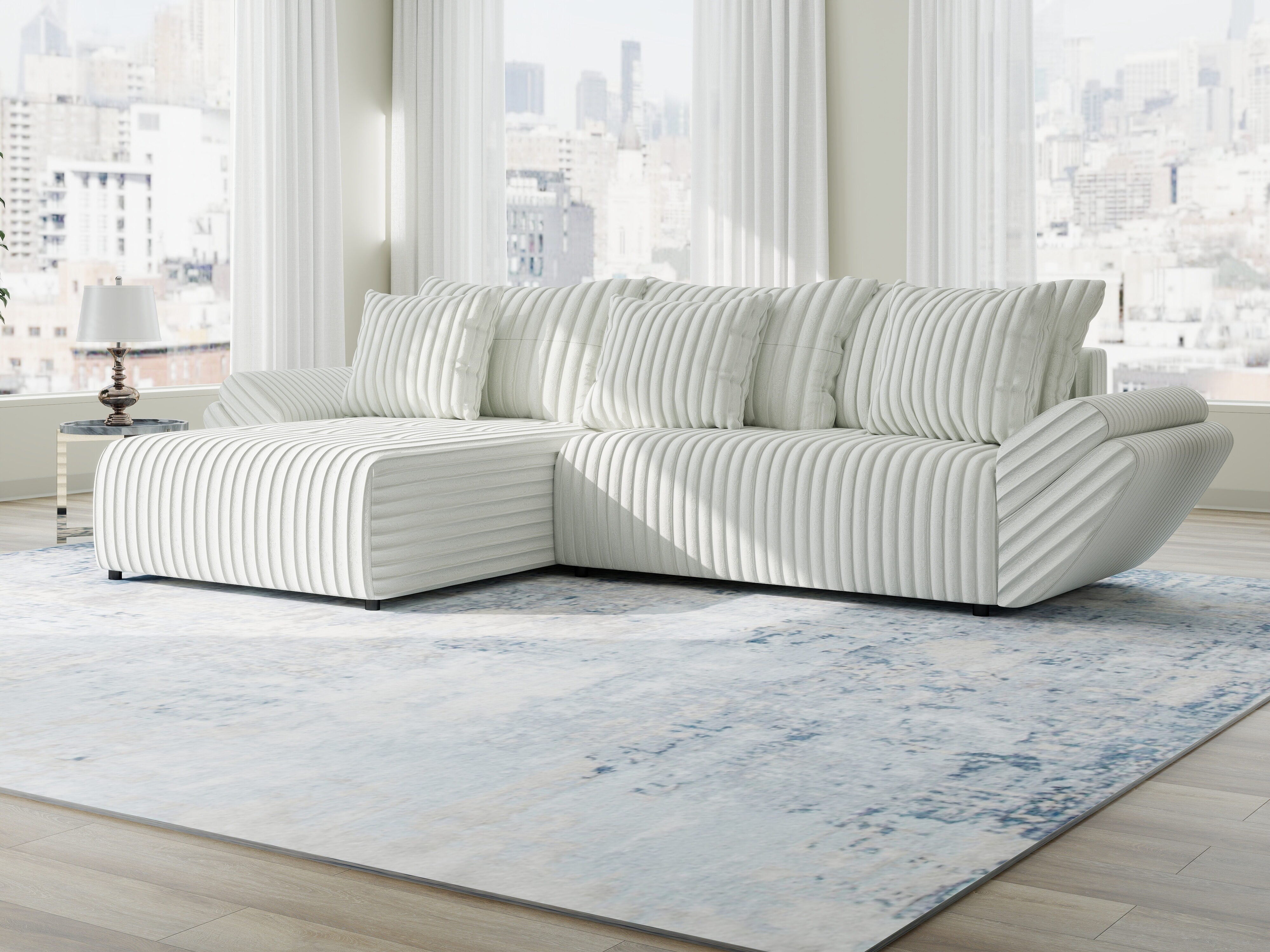 Colțar extensibil dumonde cu ladă de depozitare si sezut confortabil din spuma HR, Berlin Ambience Alb 280x185 cm