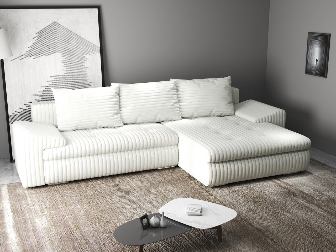 Colțar extensibil dumonde cu ladă de depozitare si sezut confortabil din spuma HR, Leonardo Ambience Ivory 260x185 cm II Fabrica