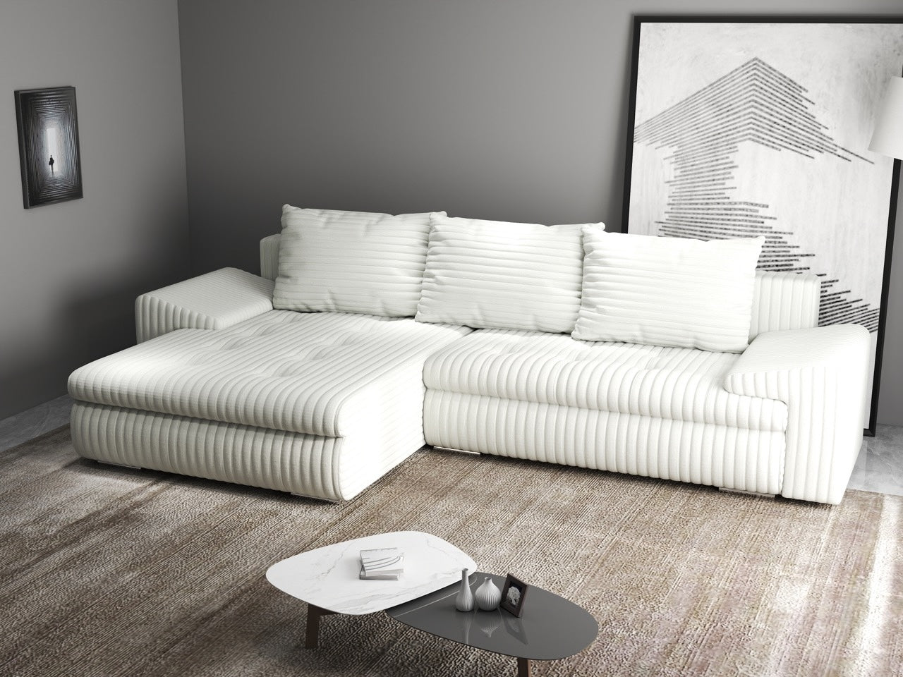 Colțar extensibil dumonde cu ladă de depozitare si sezut confortabil din spuma HR, Leonardo Ambience Ivory 260x185 cm Fabrica