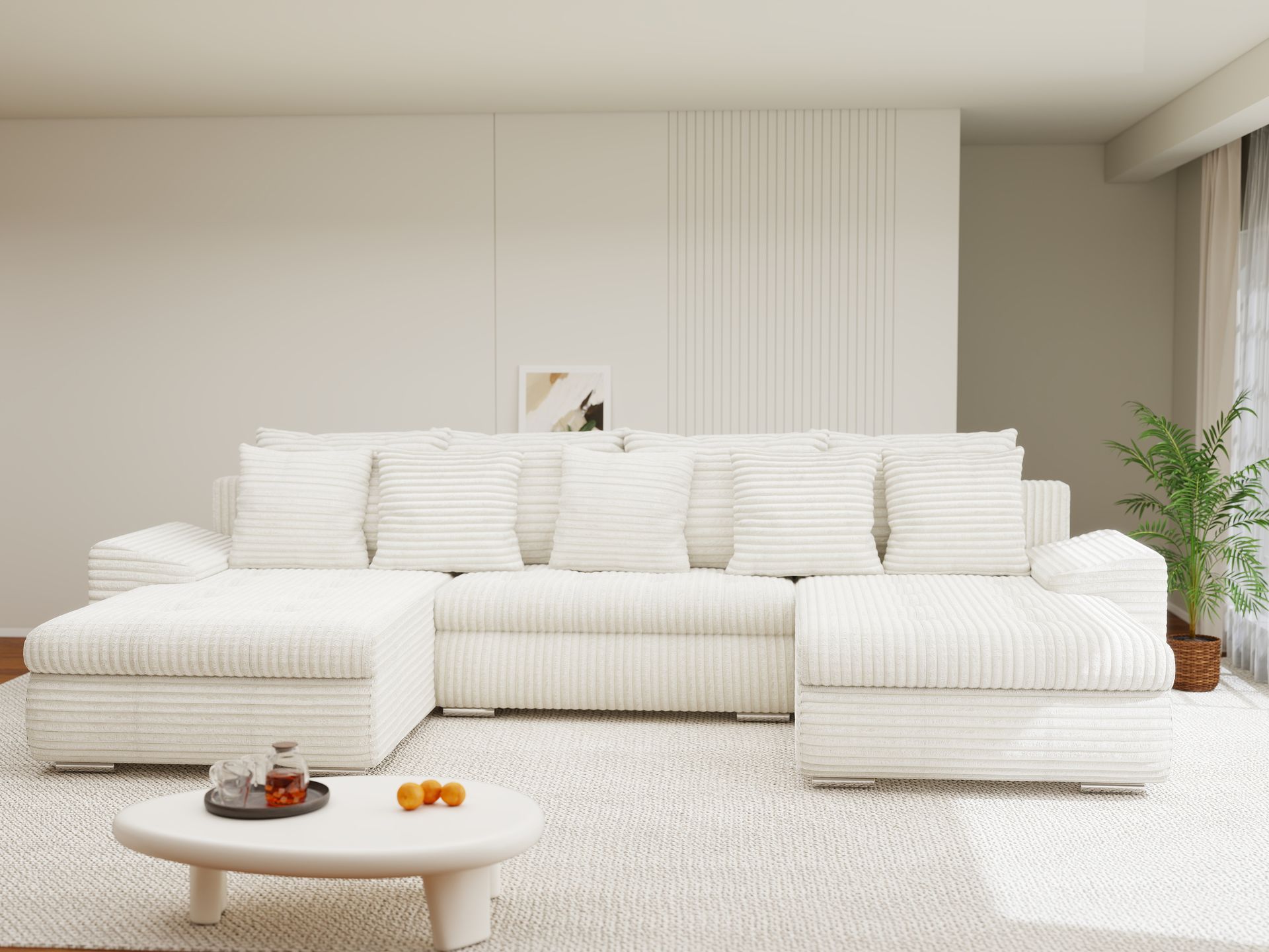 Colțar extensibil dumonde cu ladă de depozitare si sezut confortabil din spuma high-density, Leonardo U Tilia Bej 01 360x185 cm