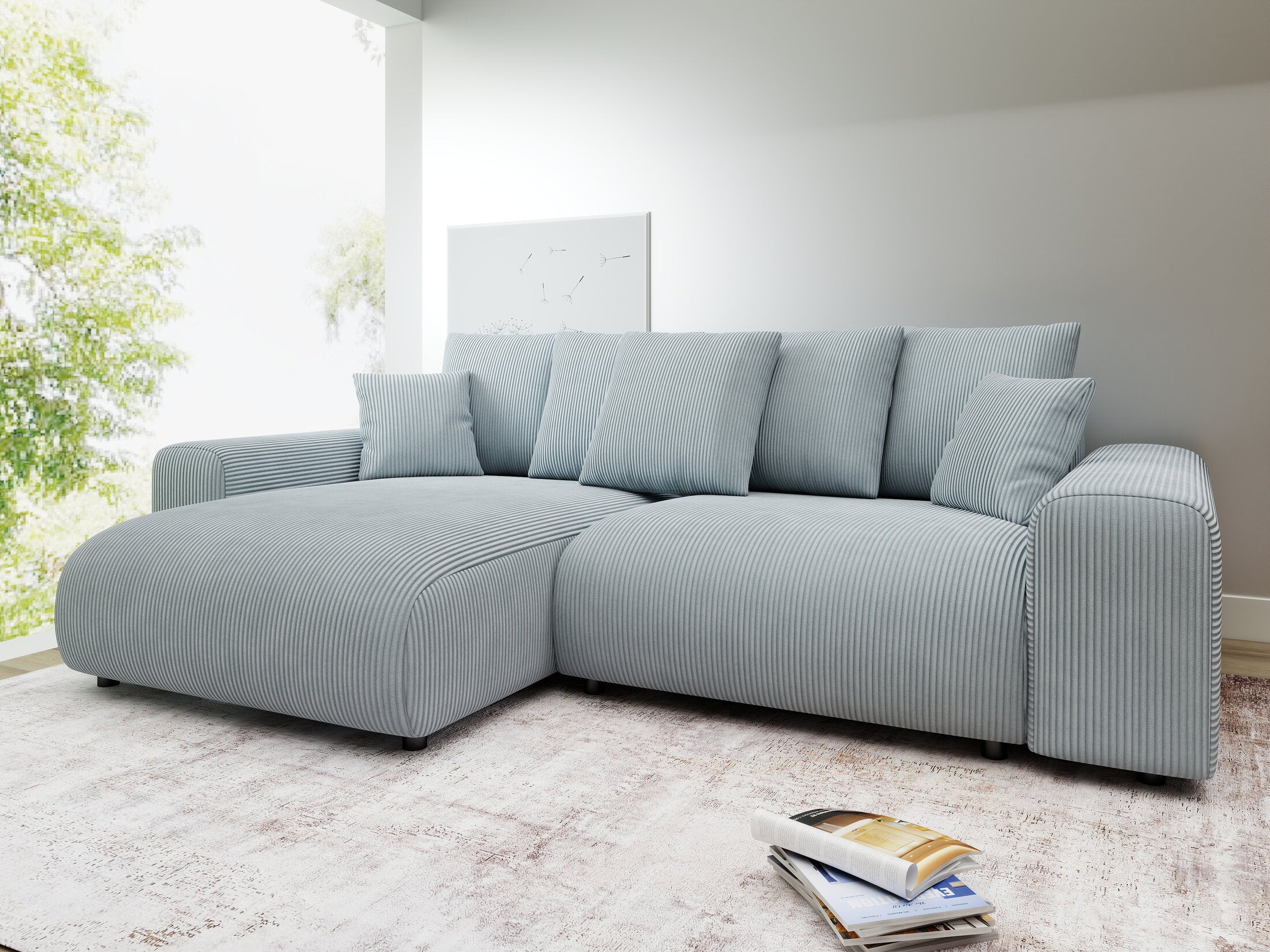 Colțar extensibil dumonde cu ladă de depozitare și șezut confortabil din spumă HR, Luma Zoom Gri Mint 255x168 cm