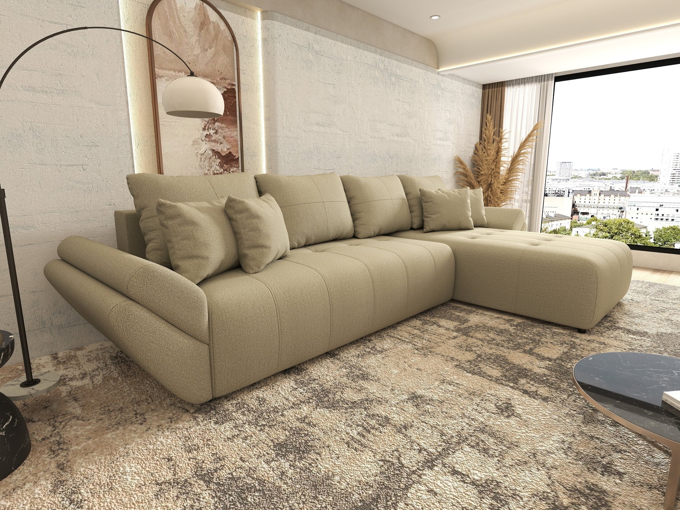 Colțar extensibil dumonde cu ladă de depozitare si sezut confortabil din spuma HR, Berlin XL Enjoy Camel 350x185 cm II