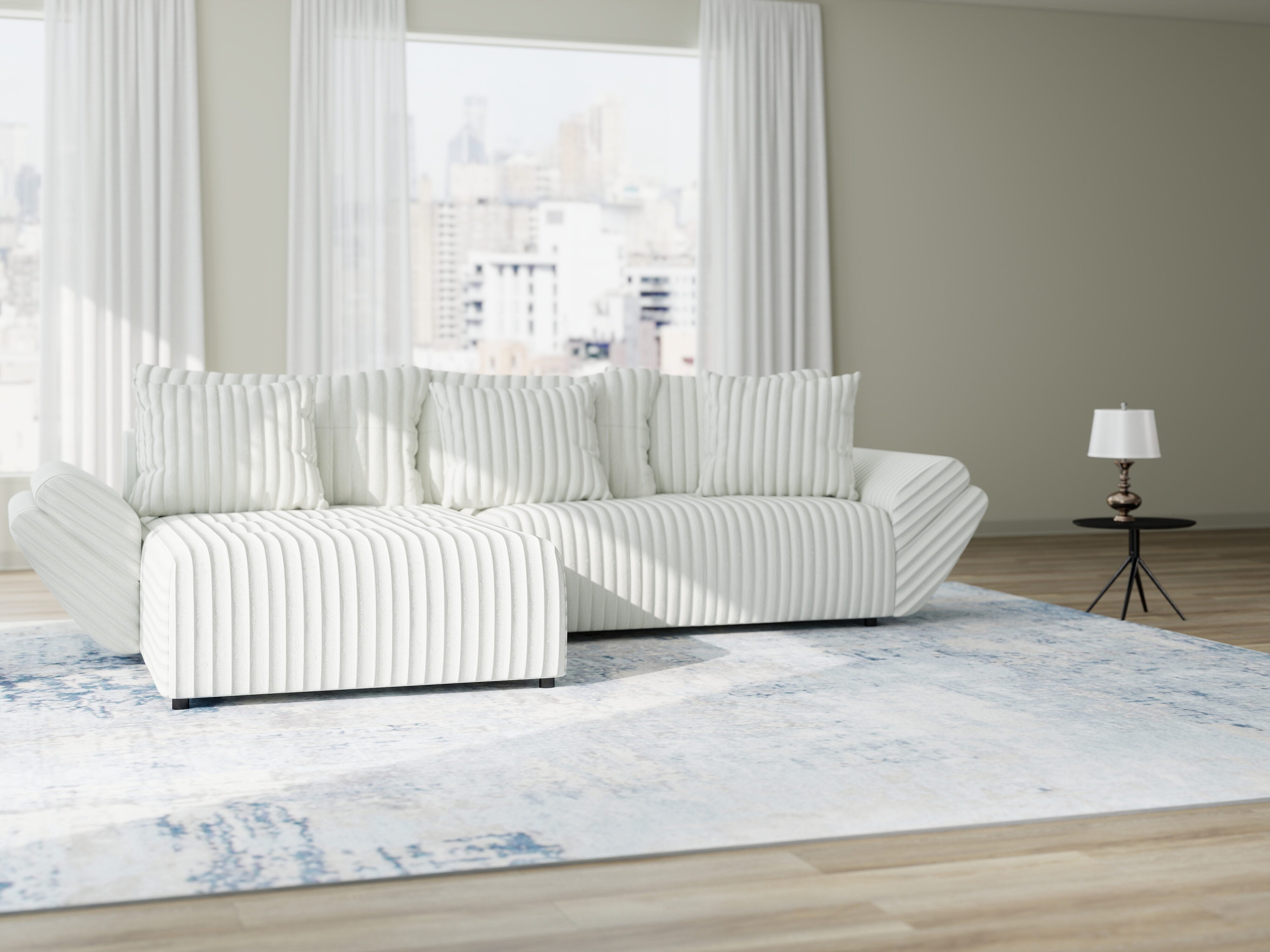 Colțar extensibil dumonde cu ladă de depozitare si sezut confortabil din spuma HR, Berlin Ambience Alb 280x185 cm