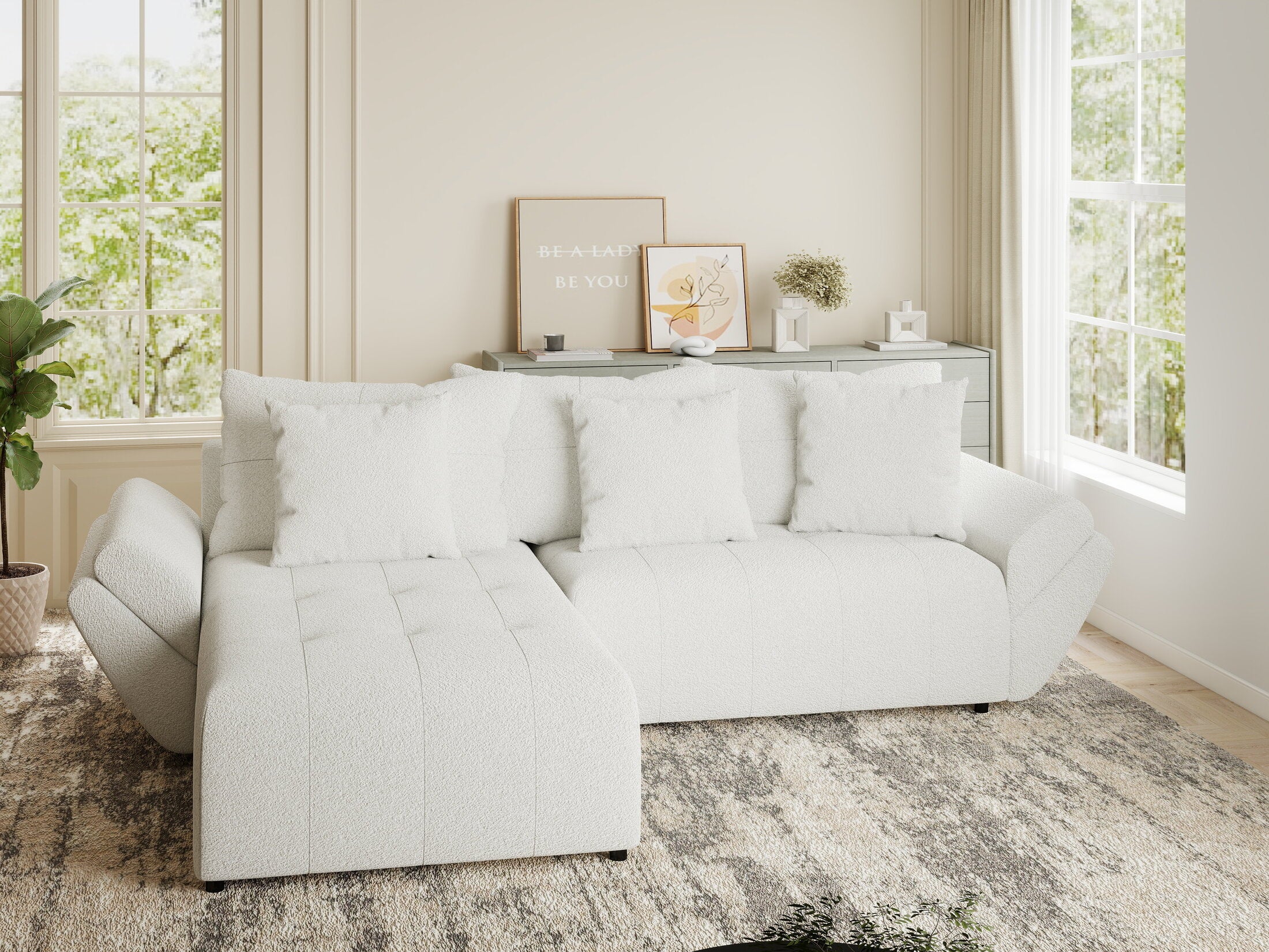 Colțar extensibil dumonde cu ladă de depozitare si sezut confortabil din spuma HR, Berlin Euphoria Alb 280x185 cm