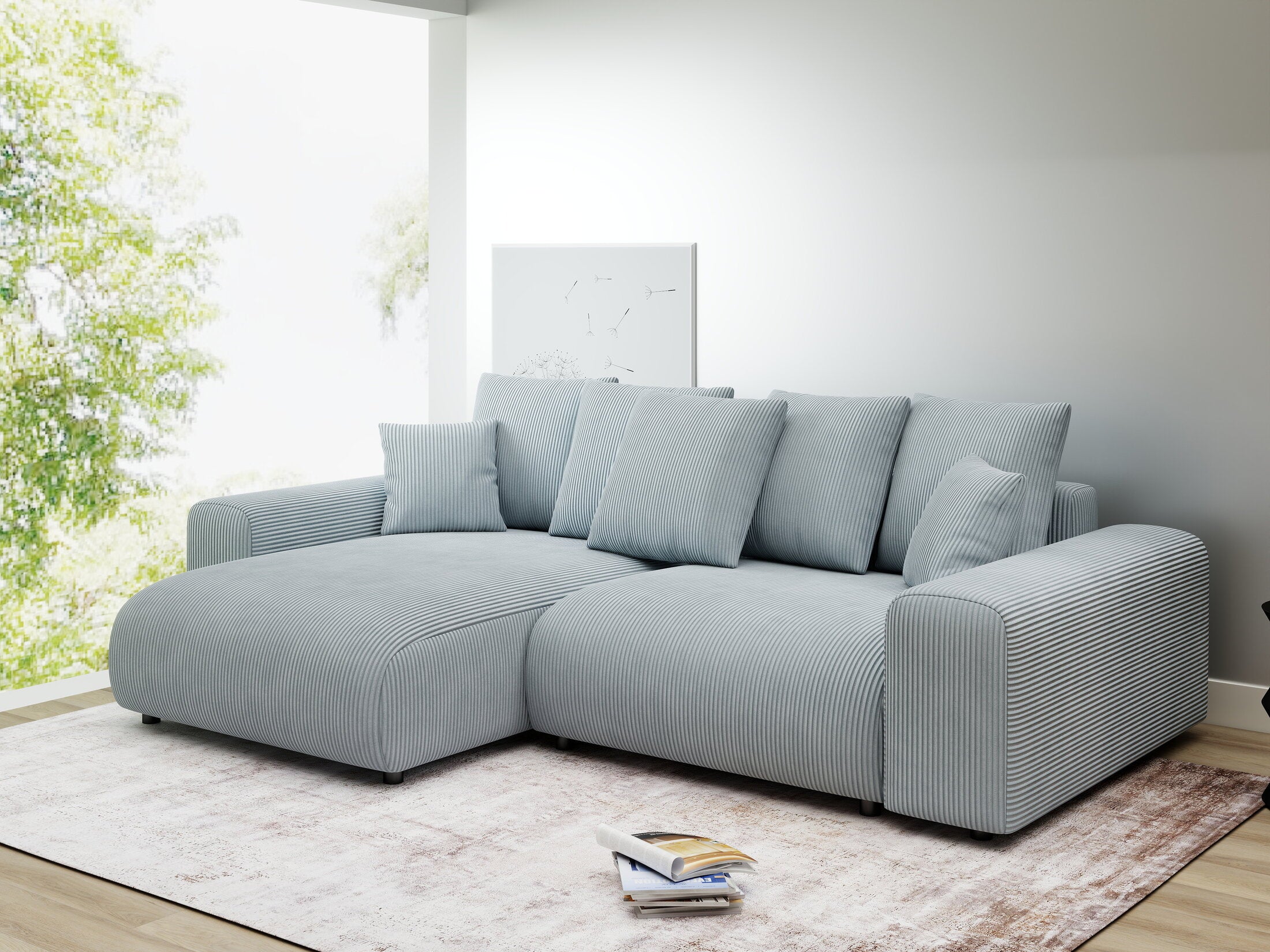 Colțar extensibil dumonde cu ladă de depozitare și șezut confortabil din spumă HR, Luma Zoom Gri Mint 255x168 cm