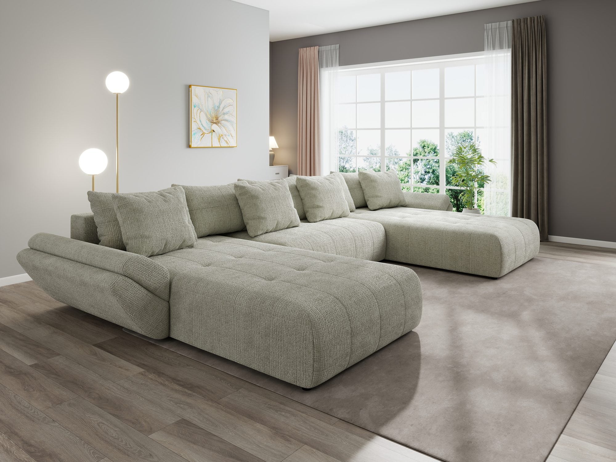 Colțar extensibil dumonde cu ladă de depozitare si sezut confortabil din spuma high-density, Berlin U Cremona Bej 04 380x180 cm