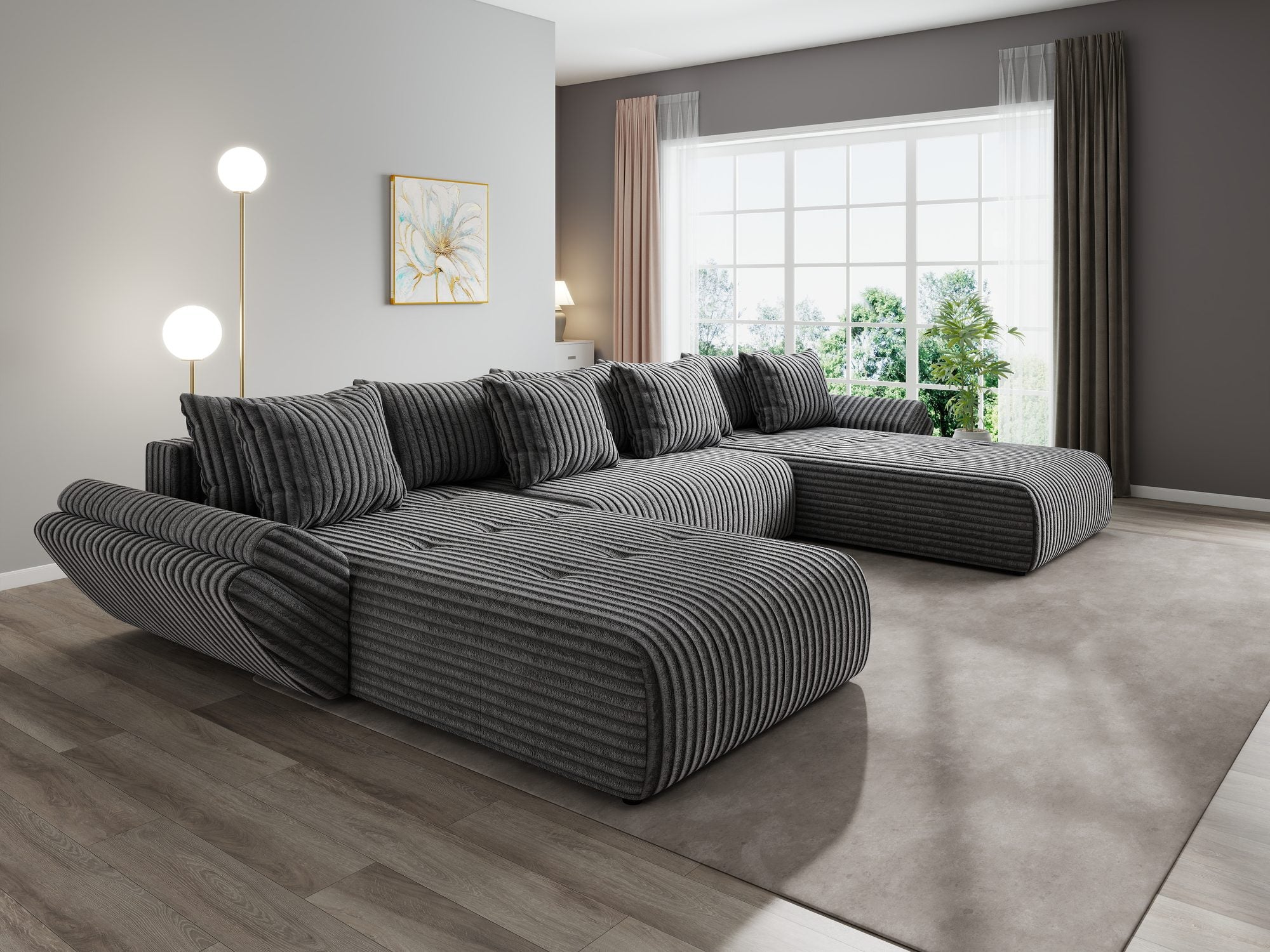Colțar extensibil dumonde cu ladă de depozitare si sezut confortabil din spuma high-density, Berlin U Tilia Gri 90 380x180 cm
