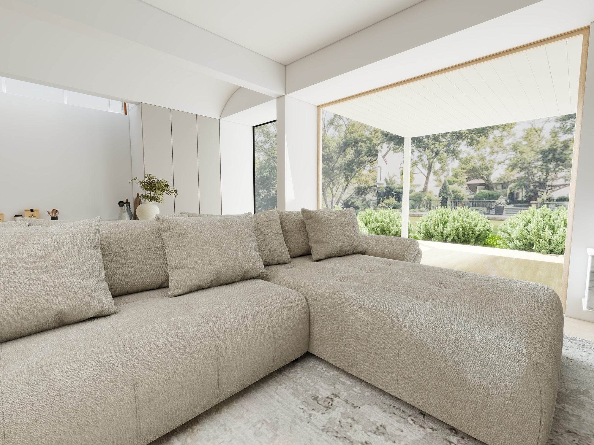 Colțar extensibil dumonde cu ladă de depozitare si sezut confortabil din spuma high-density, Berlin U Vibe Bej 06 380x180 cm