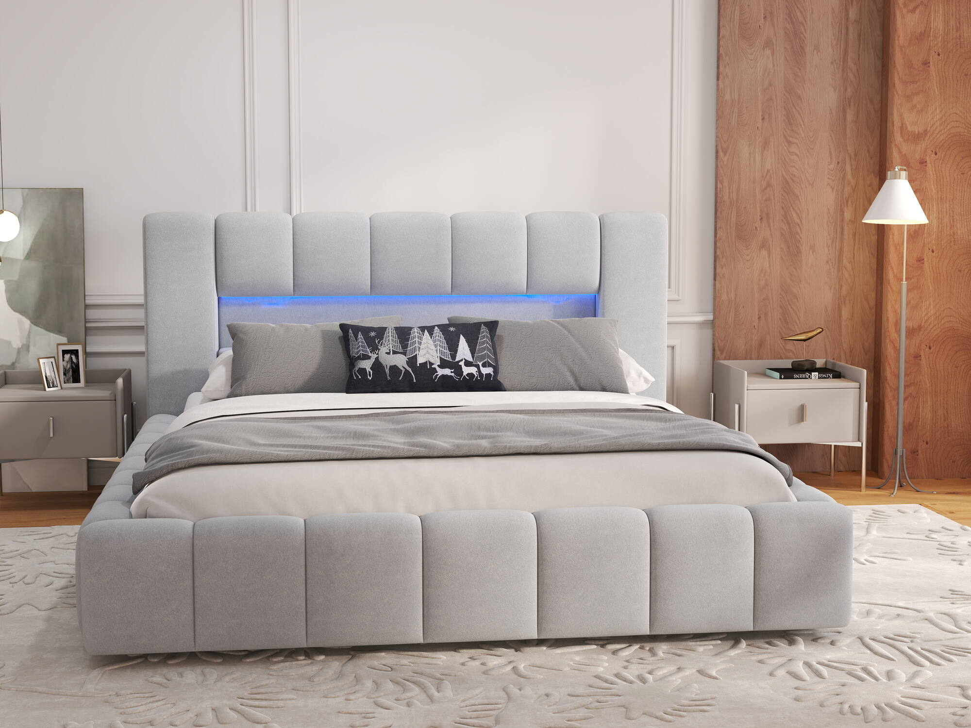 Pat dormitor dumonde, tapitat bej, Palermo 180X200 cm, somiera rabatabila inclusa, spatiu depozitare