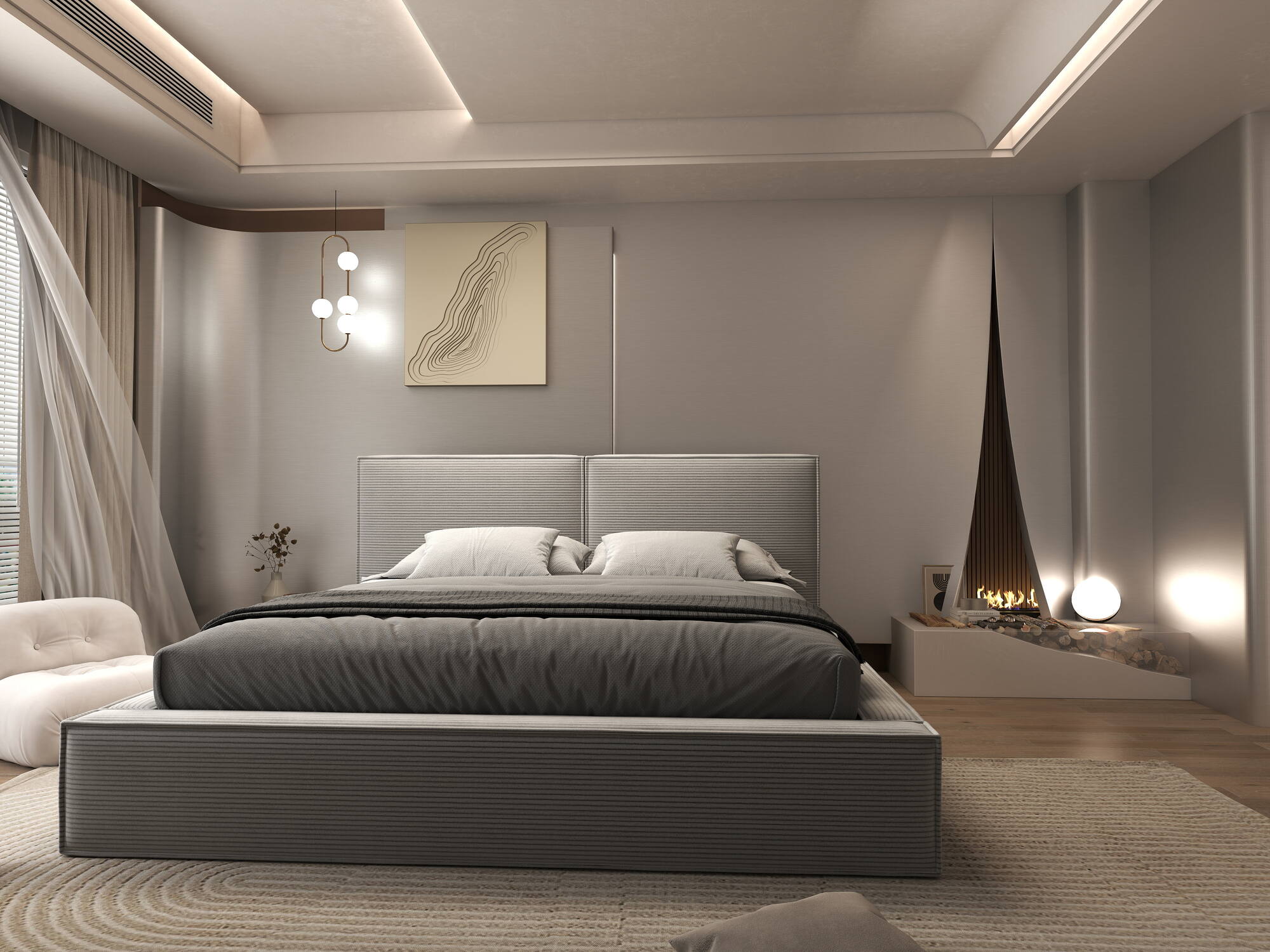 Pat dormitor dumonde, tapitat gri, Bogart 180x200 cm, somiera rabatabila inclusa, spatiu depozitare