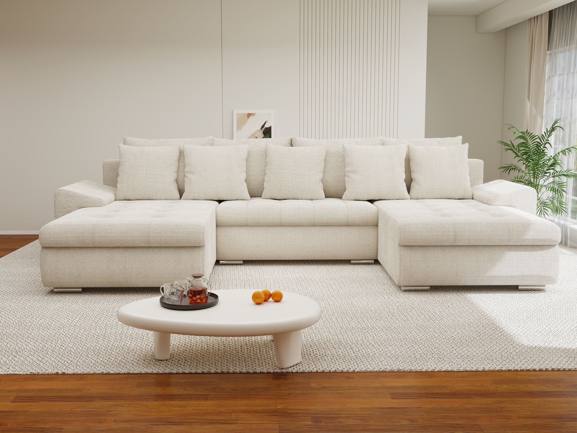 Colțar extensibil dumonde cu ladă de depozitare si sezut confortabil din spuma high-density, Leonardo U Cremona Gri Deschis 02 360x185 cm