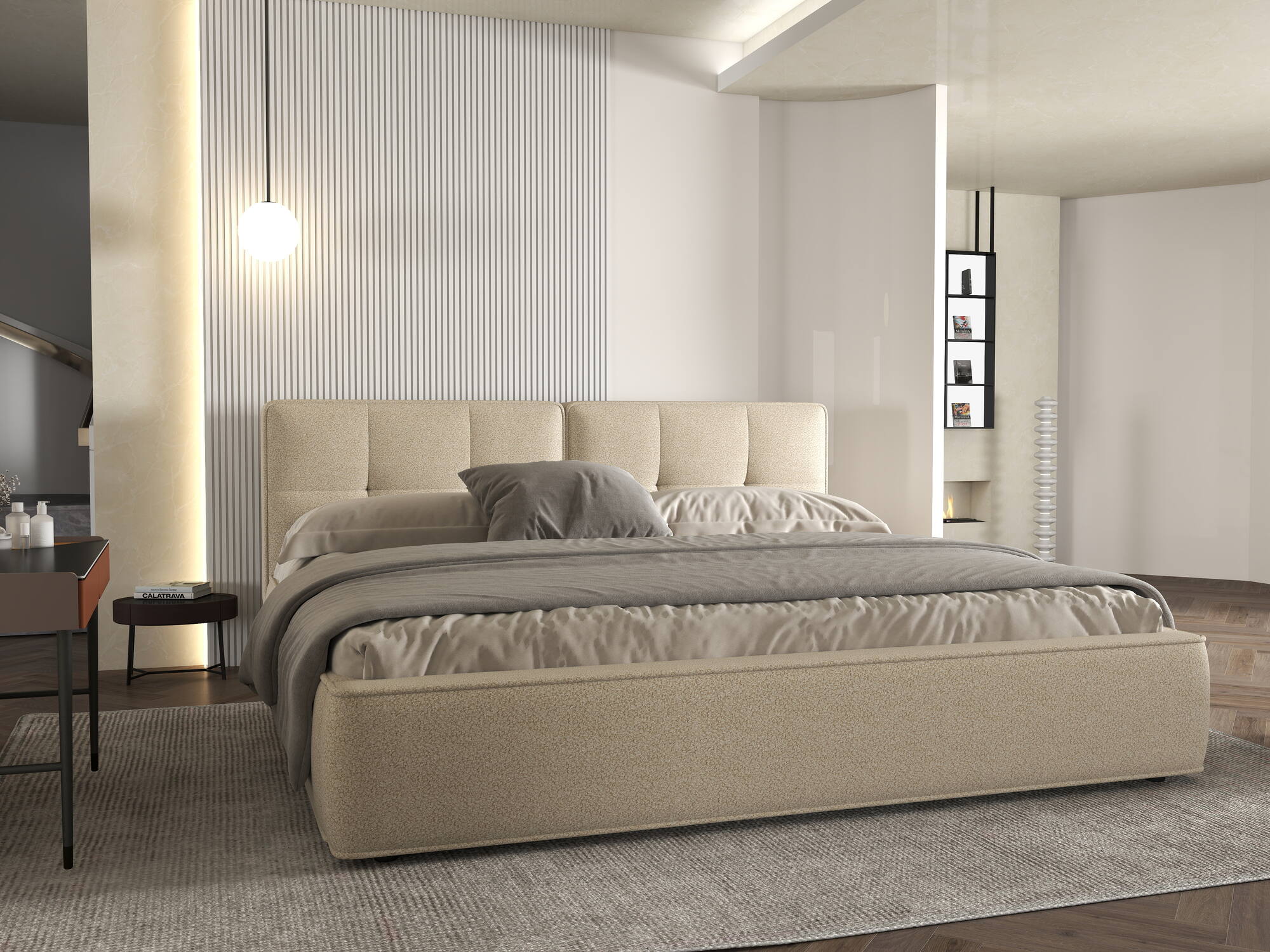 Pat dormitor dumonde, tapitat bej, Vegas 180x200 cm, somiera rabatabila inclusa, spatiu depozitare