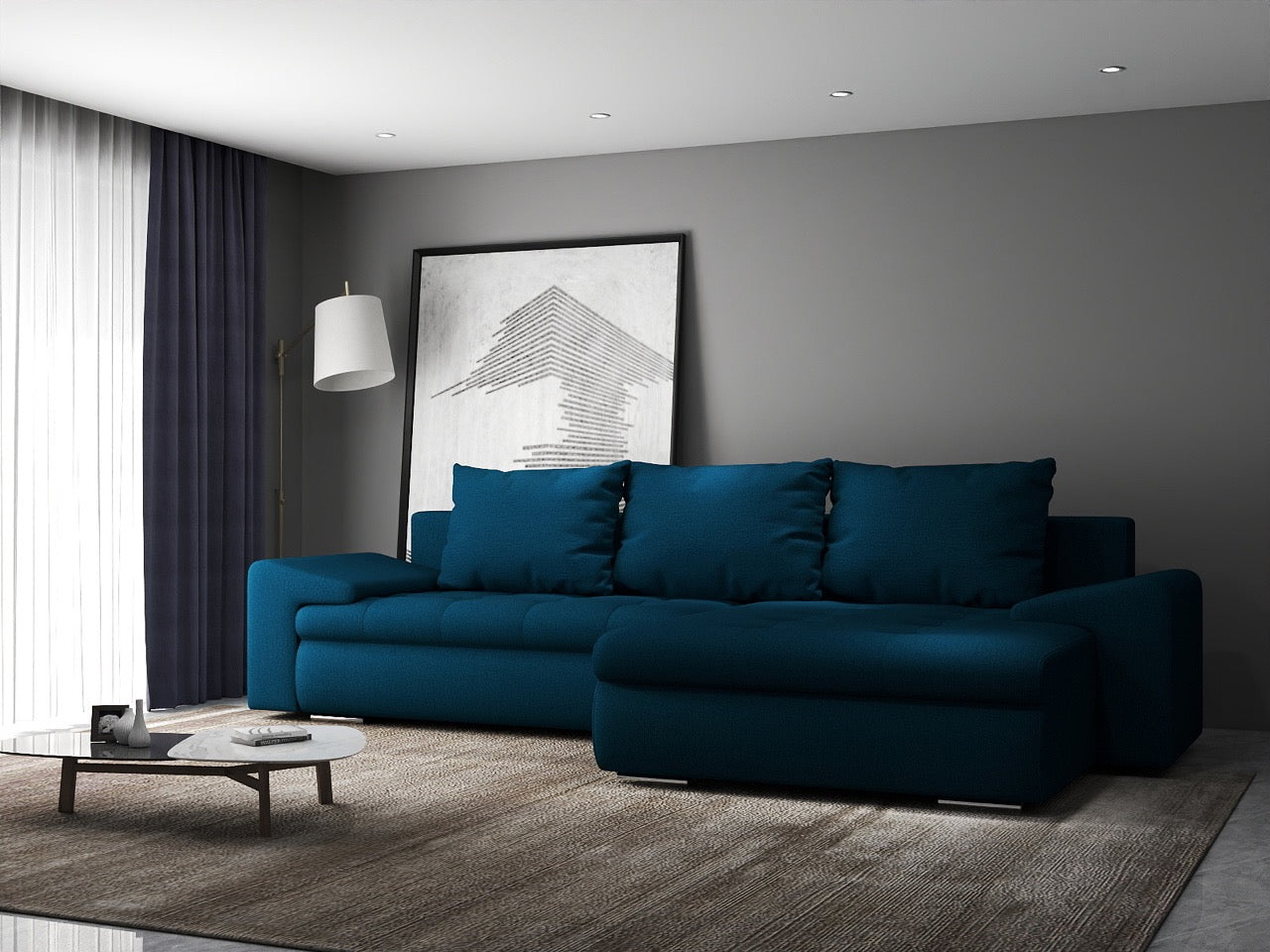 Colțar extensibil dumonde cu ladă de depozitare si sezut confortabil din spuma HR, Leonardo Enjoy Petrol 260x185 cm II Fabrica