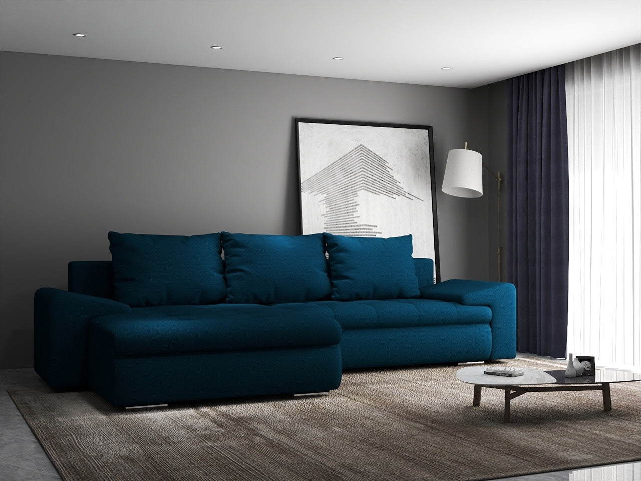 Colțar extensibil dumonde cu ladă de depozitare si sezut confortabil din spuma HR, Leonardo Enjoy Petrol 260x185 cm Fabrica