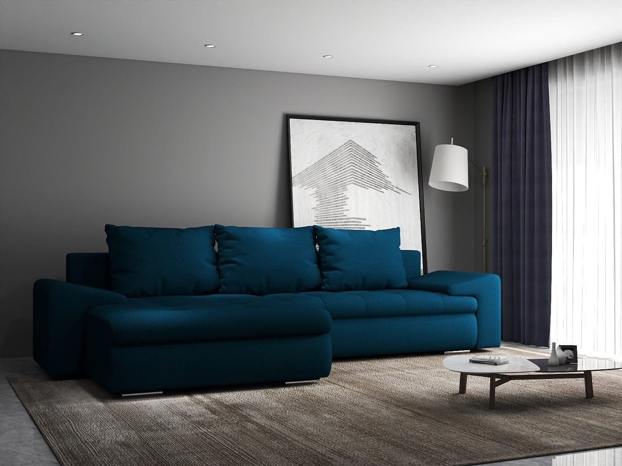 Colțar extensibil dumonde cu ladă de depozitare si sezut confortabil din spuma HR, Leonardo Enjoy Petrol 260x185 cm Fabrica