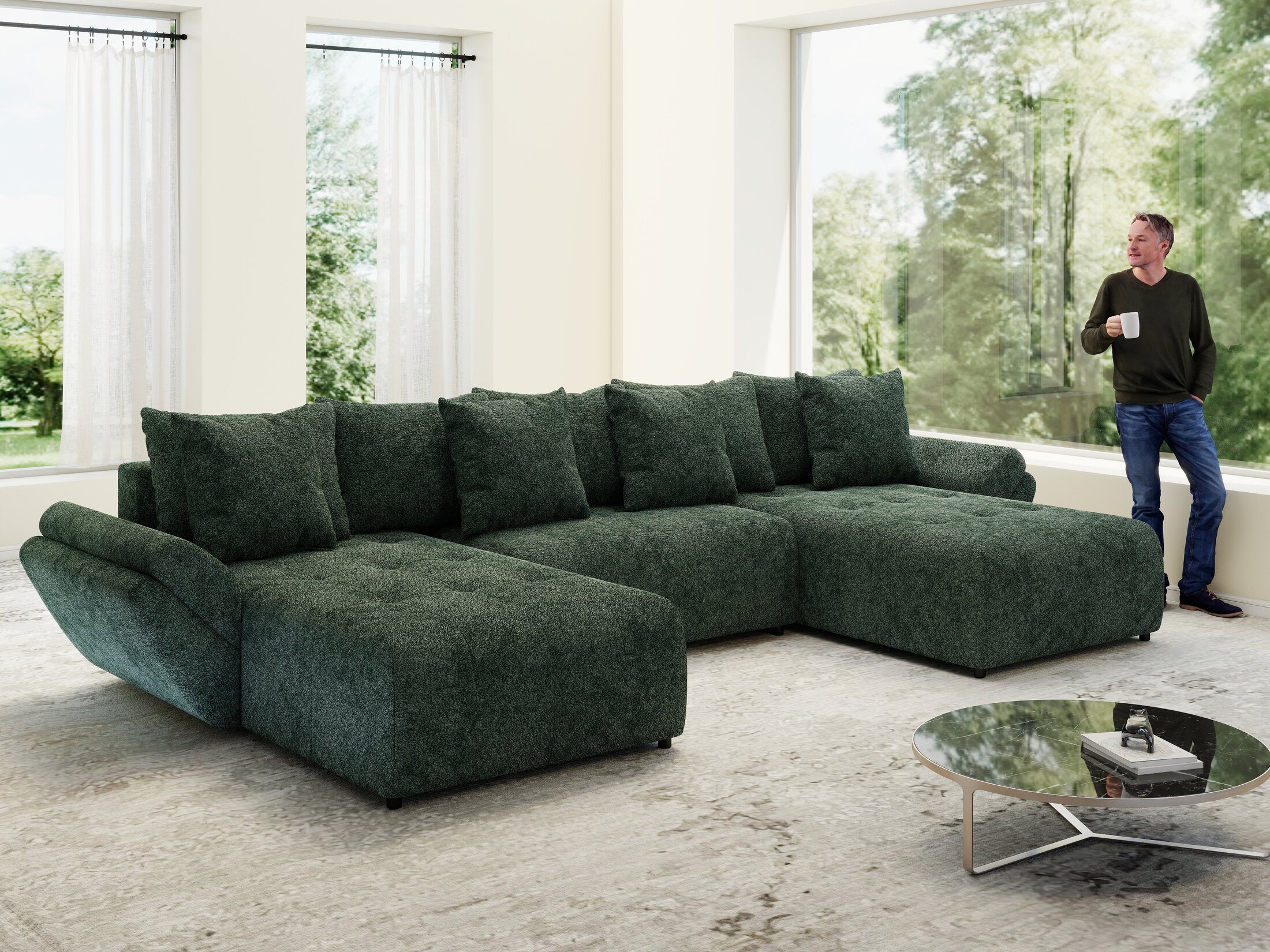 Colțar extensibil dumonde cu ladă de depozitare si sezut confortabil din spuma HR, Berlin U Euphoria Verde 380x180 cm