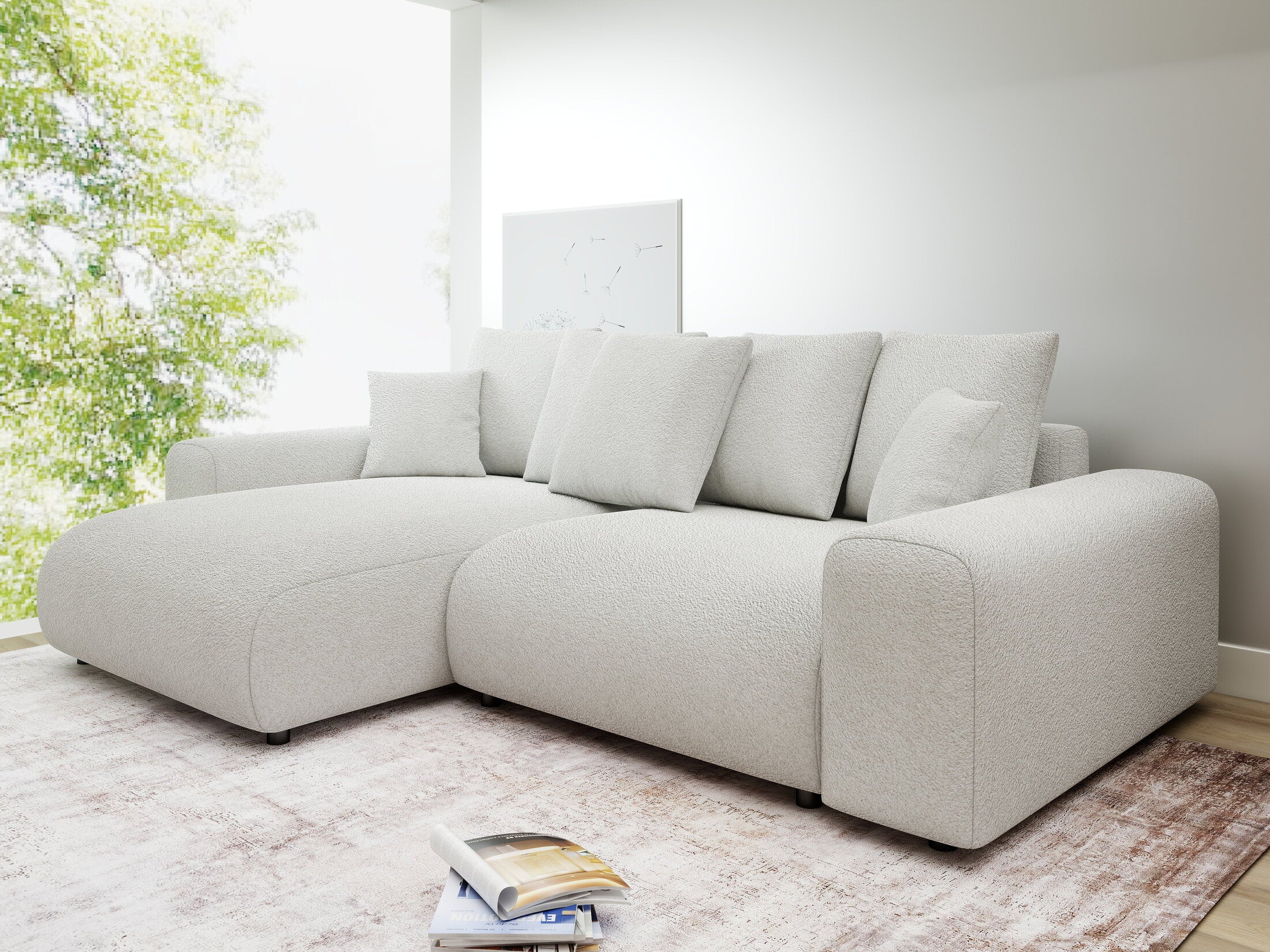 Colțar extensibil dumonde cu ladă de depozitare și șezut confortabil din spumă HR, Luma Euphoria Alb 255x168 cm