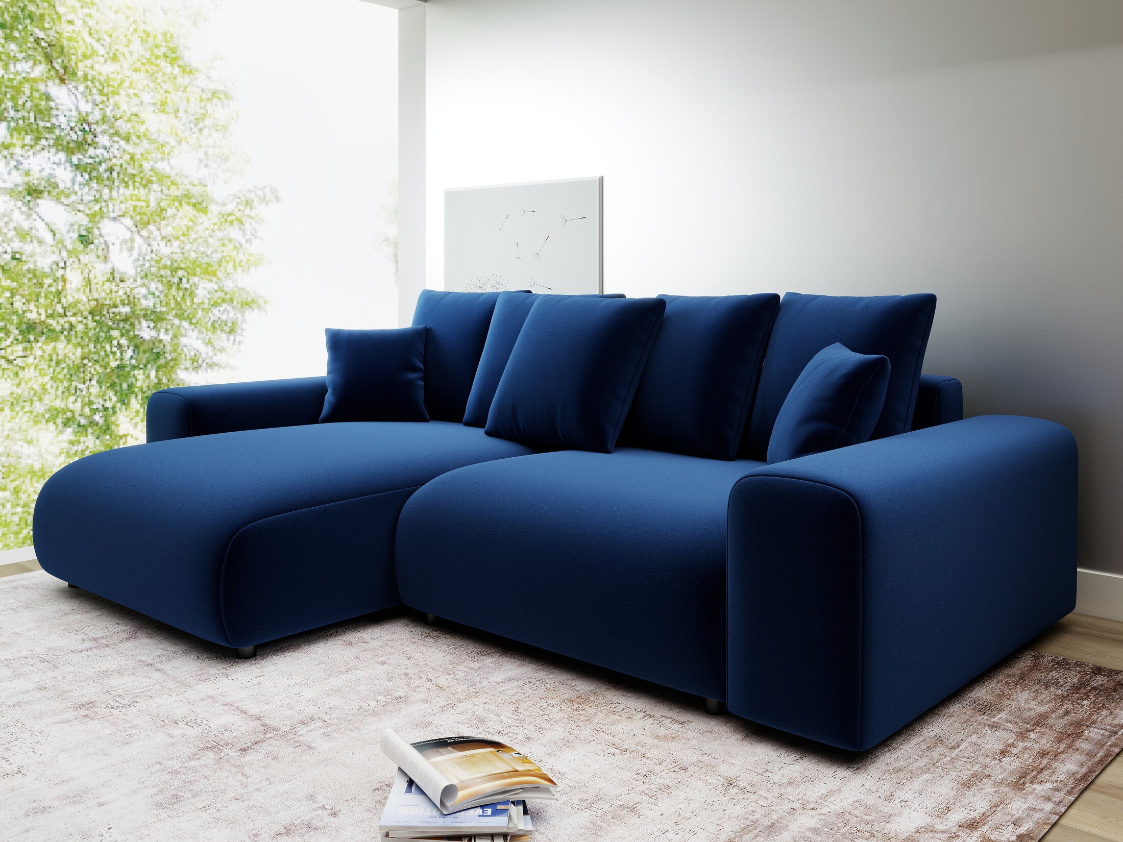 Colțar extensibil dumonde cu ladă de depozitare și șezut confortabil din spumă HR, Luma Royal Albastru Navy 255x168 cm