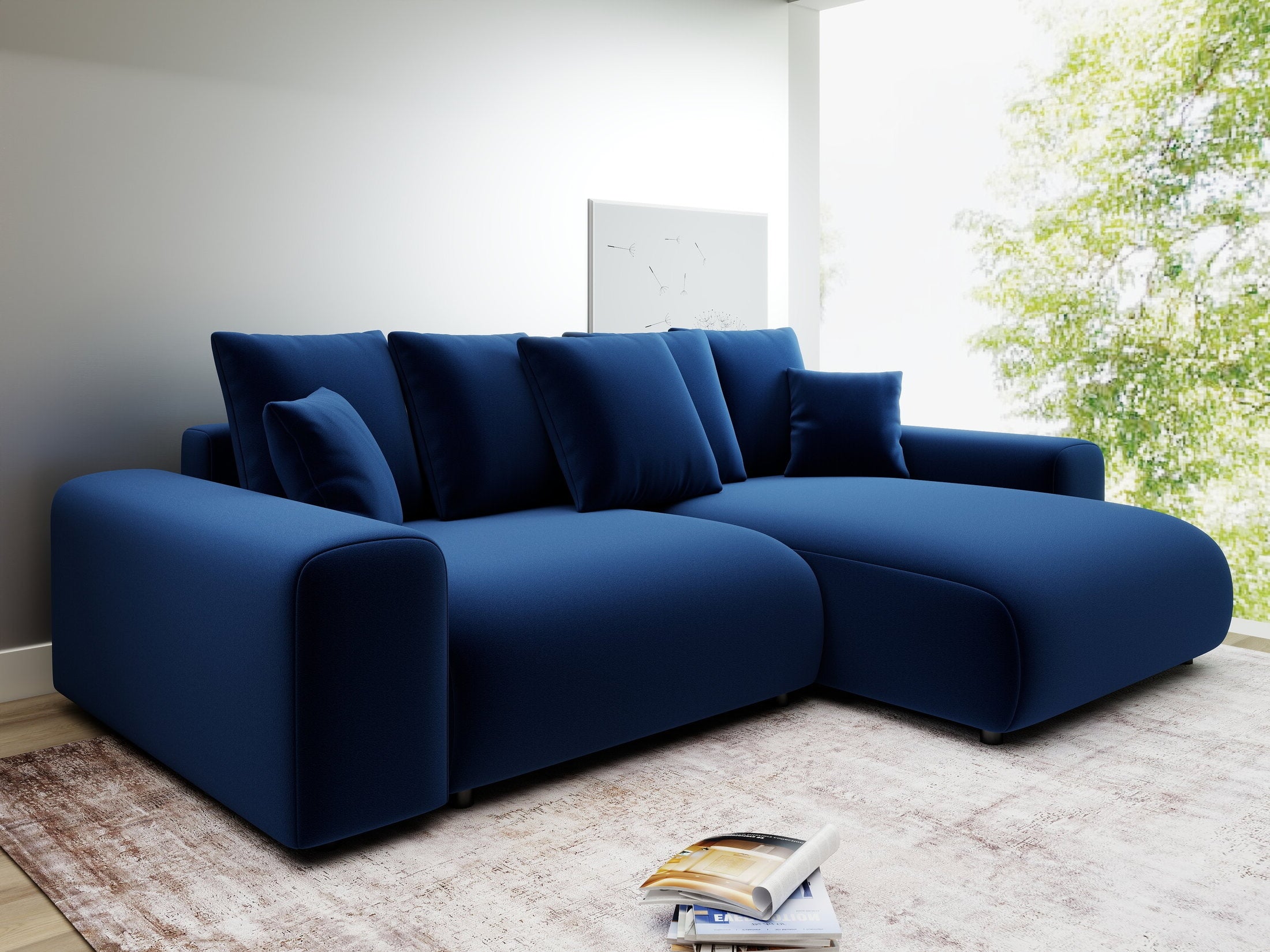 Colțar extensibil dumonde cu ladă de depozitare și șezut confortabil din spumă HR, Luma Royal Albastru Navy 255x168 cm II