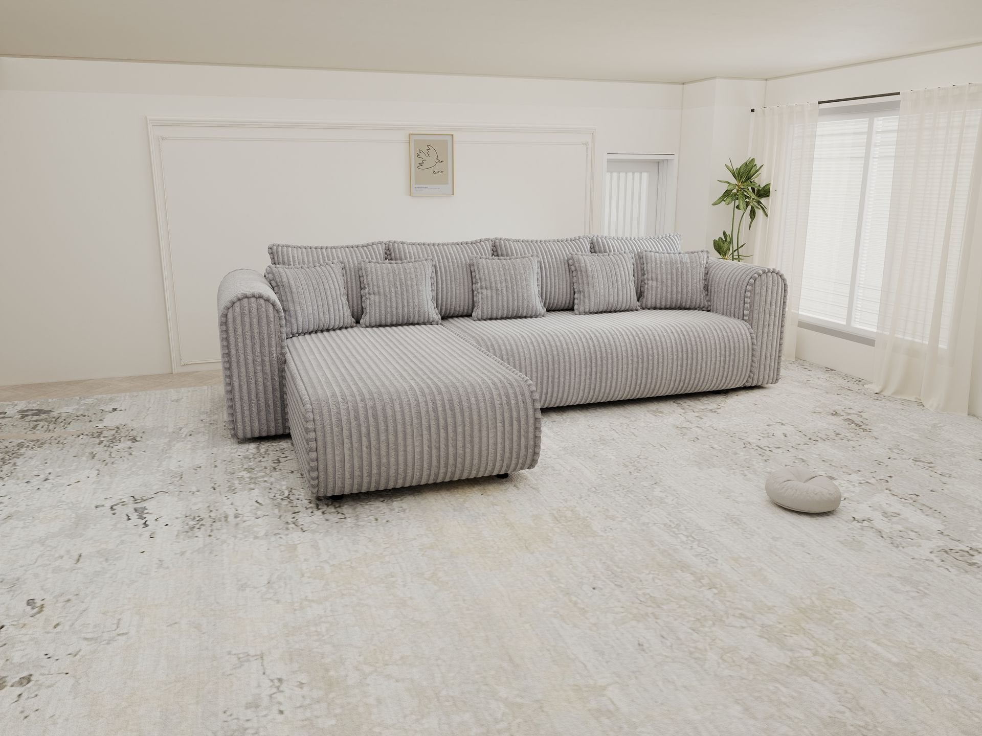 Colțar extensibil dumonde cu ladă de depozitare si sezut confortabil din spuma high-density, Monaco XL Tilia Dove 340x185 cm