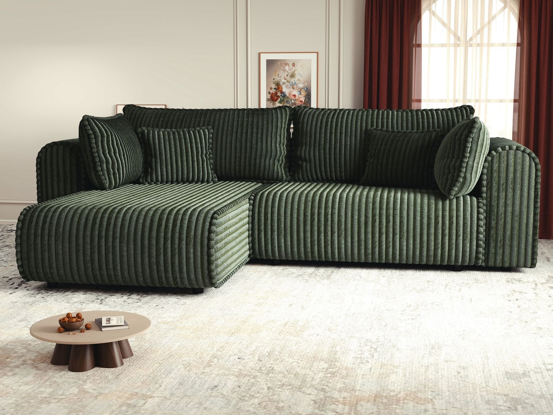 Colțar extensibil dumonde cu ladă de depozitare si sezut confortabil din spuma high-density, Monaco L Tilia Verde 270x100 cm