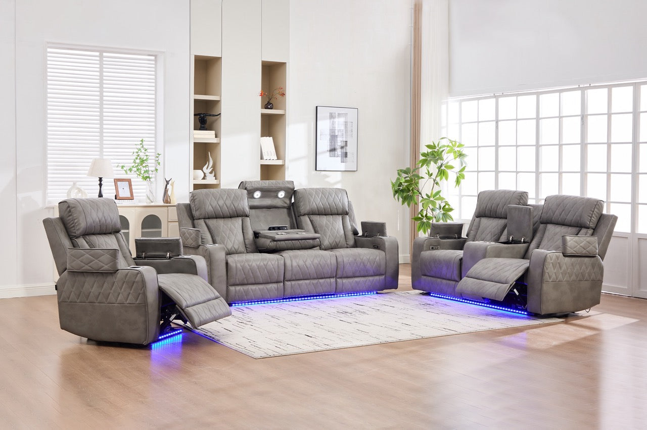 Set canapele dumonde 3+2+1, reclinere electrice, incarcare wireless, USB-C, suport pahare incalzite, lumini LED Selvar