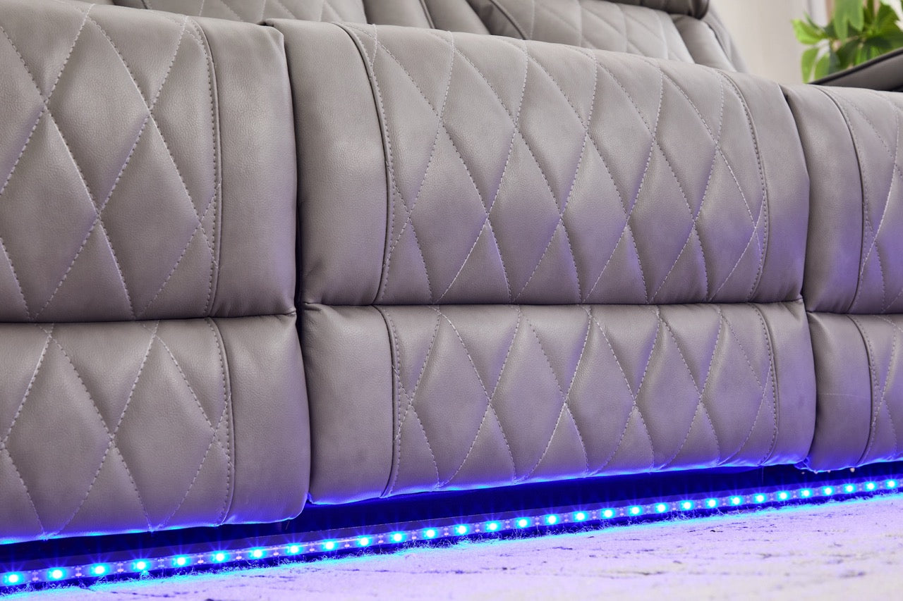 Set canapele dumonde 3+2+1, reclinere electrice, incarcare wireless, USB-C, suport pahare incalzite, lumini LED Selvar