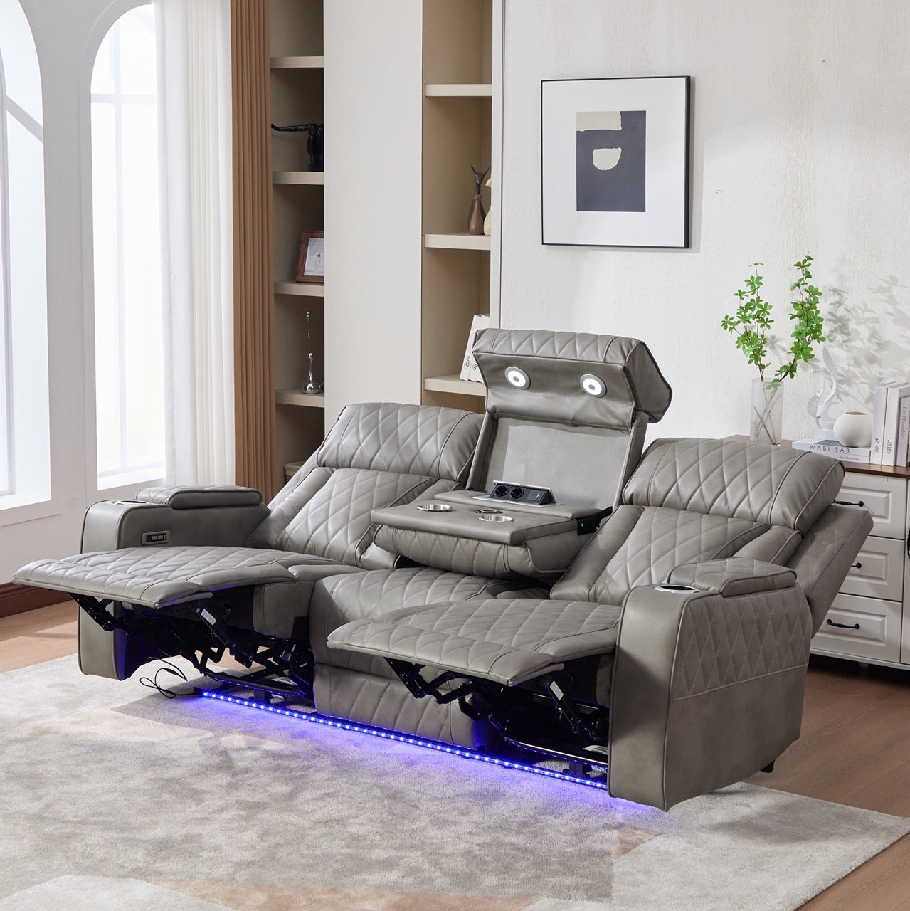 Set canapele dumonde 3+2+1, reclinere electrice, incarcare wireless, USB-C, suport pahare incalzite, lumini LED Selvar