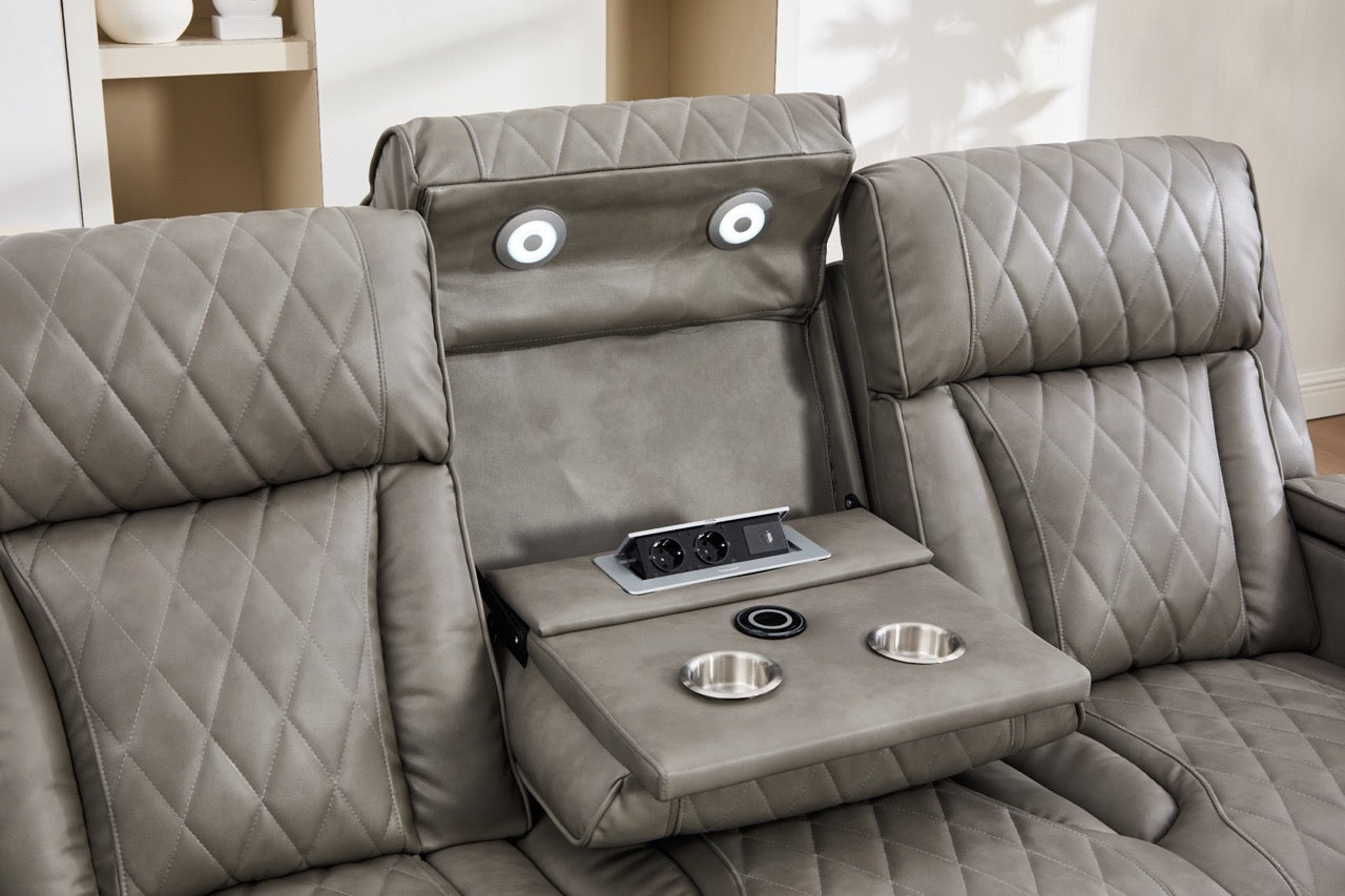 Set canapele dumonde 3+2+1, reclinere electrice, incarcare wireless, USB-C, suport pahare incalzite, lumini LED Selvar
