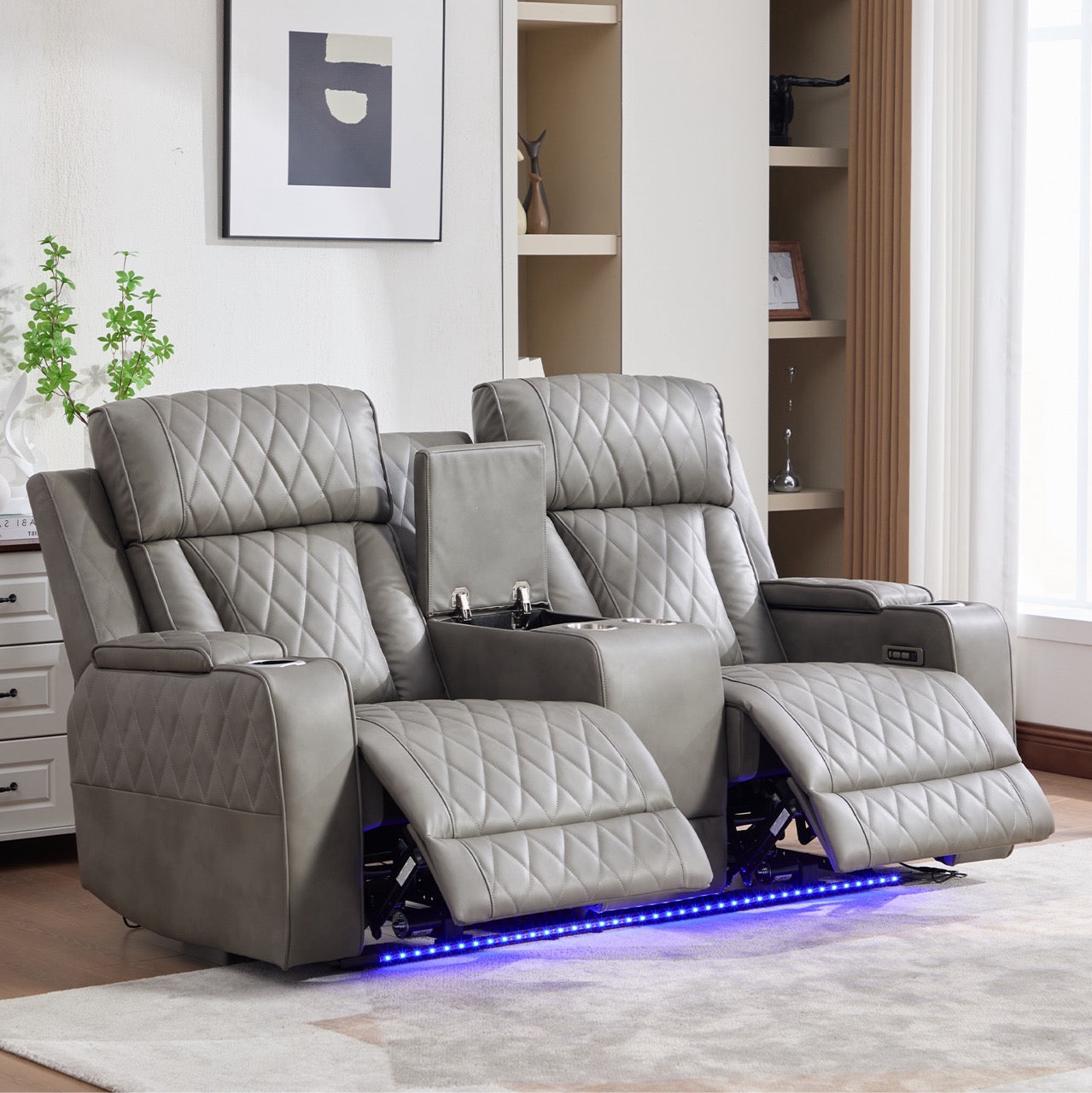 Set canapele dumonde 3+2+1, reclinere electrice, incarcare wireless, USB-C, suport pahare incalzite, lumini LED Selvar