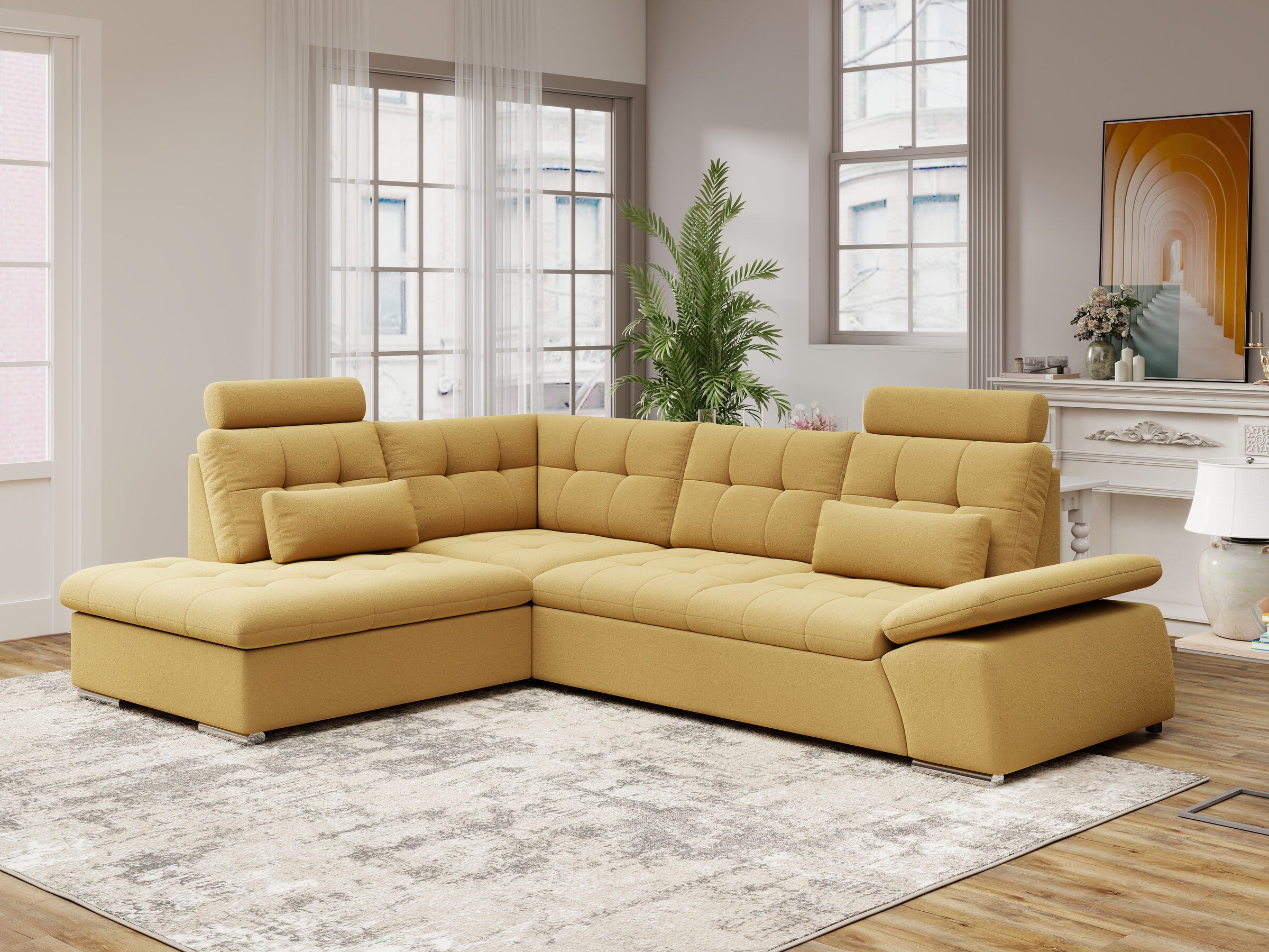 Colțar extensibil dumonde cu ladă de depozitare și șezut confortabil din spumă HR, Merkur XL Royal Mustar 256x217 cm