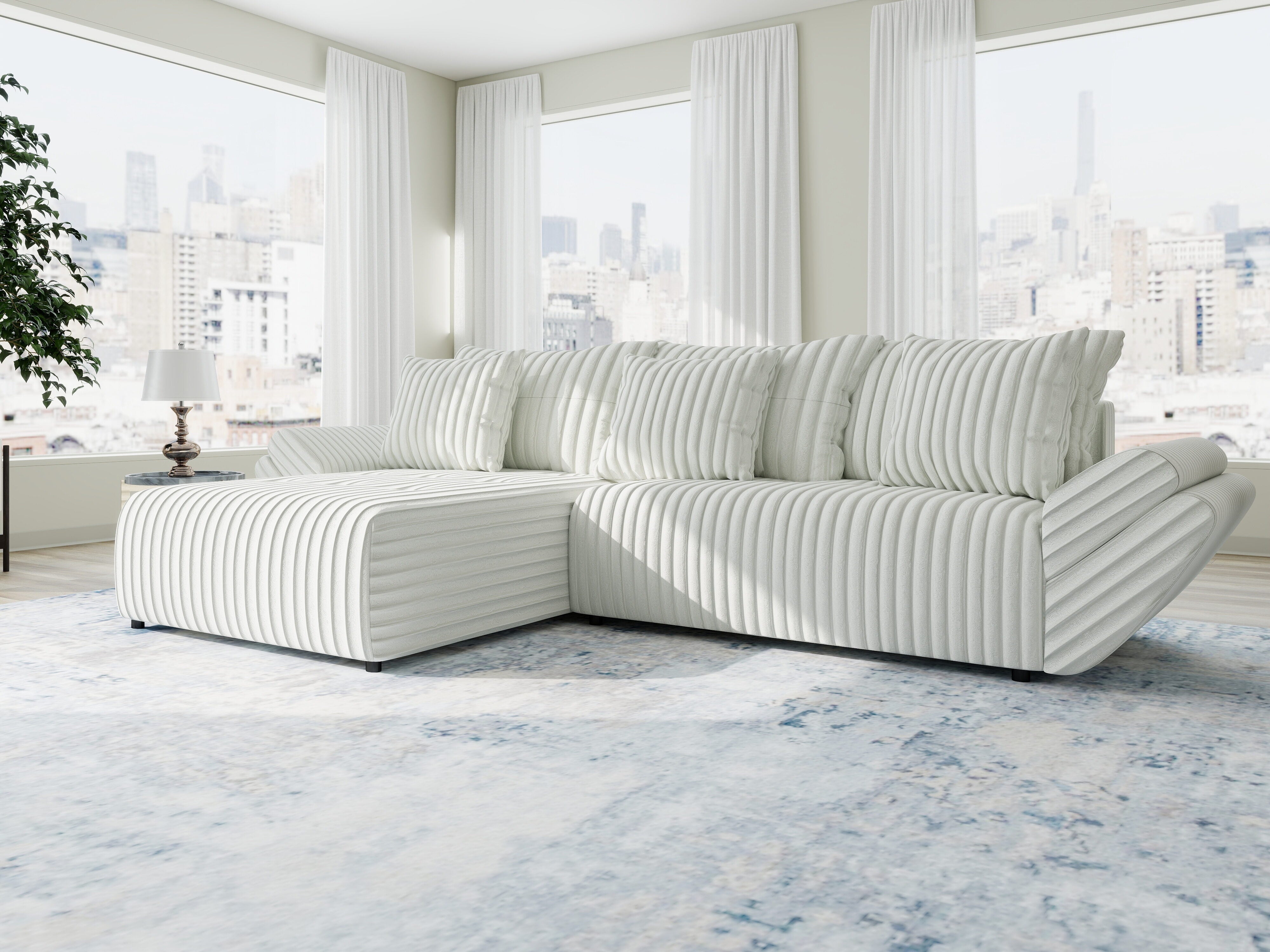 Colțar extensibil dumonde cu ladă de depozitare si sezut confortabil din spuma HR, Berlin Ambience Alb 280x185 cm