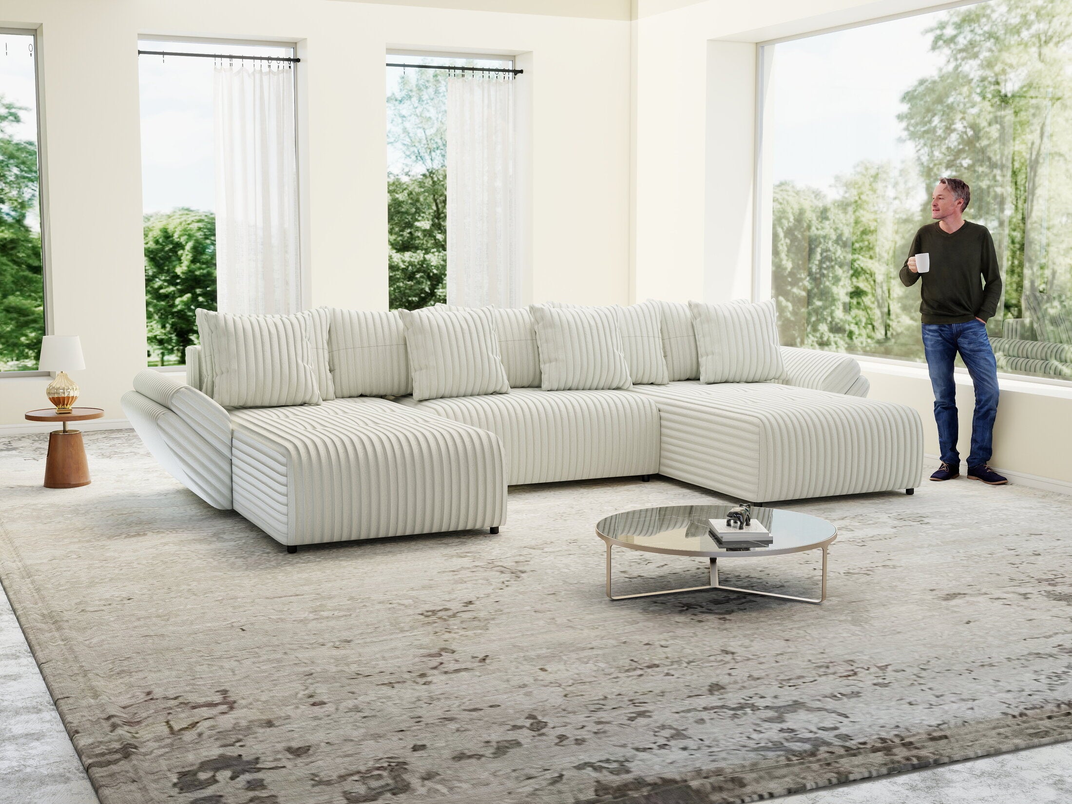 Colțar extensibil dumonde cu ladă de depozitare si sezut confortabil din spuma HR, Berlin U Ambience Ivory 380x180 cm