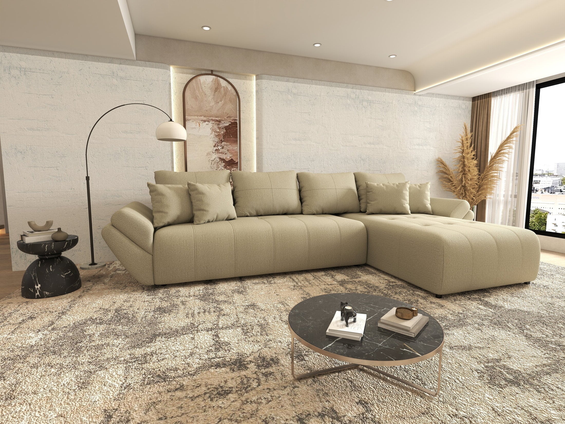 Colțar extensibil dumonde cu ladă de depozitare si sezut confortabil din spuma HR, Berlin XL Enjoy Camel 350x185 cm II