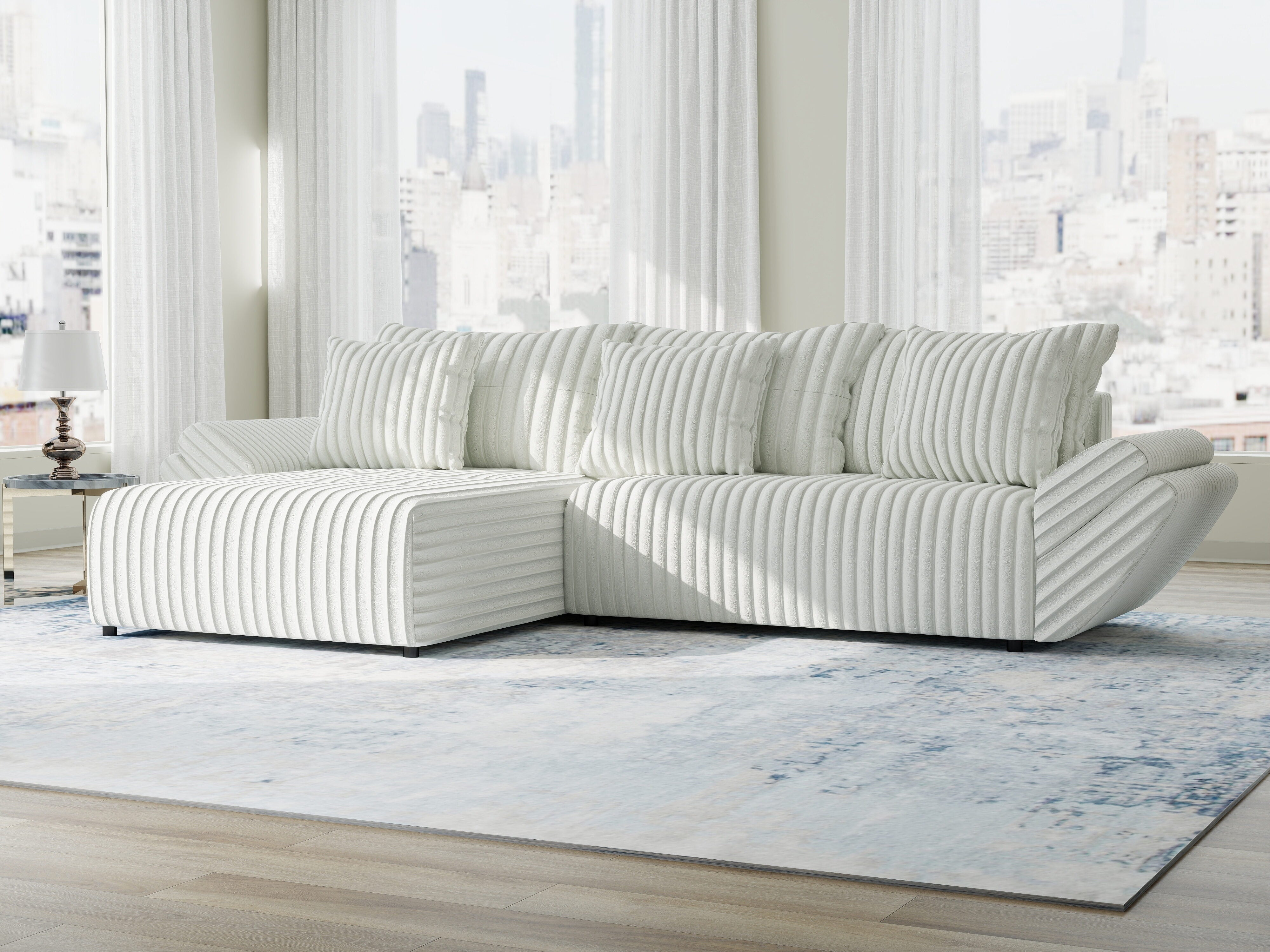 Colțar extensibil dumonde cu ladă de depozitare si sezut confortabil din spuma HR, Berlin Ambience Alb 280x185 cm