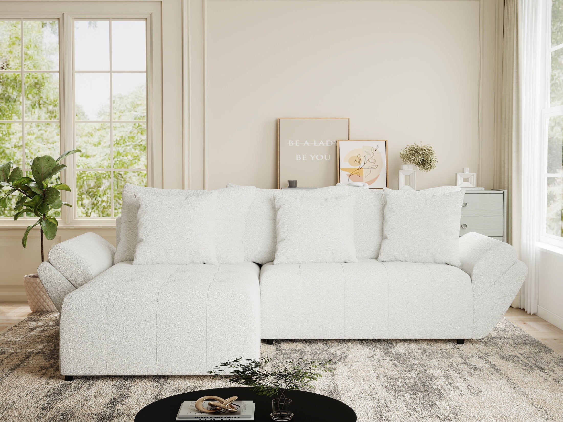 Colțar extensibil dumonde cu ladă de depozitare si sezut confortabil din spuma HR, Berlin Euphoria Alb 280x185 cm