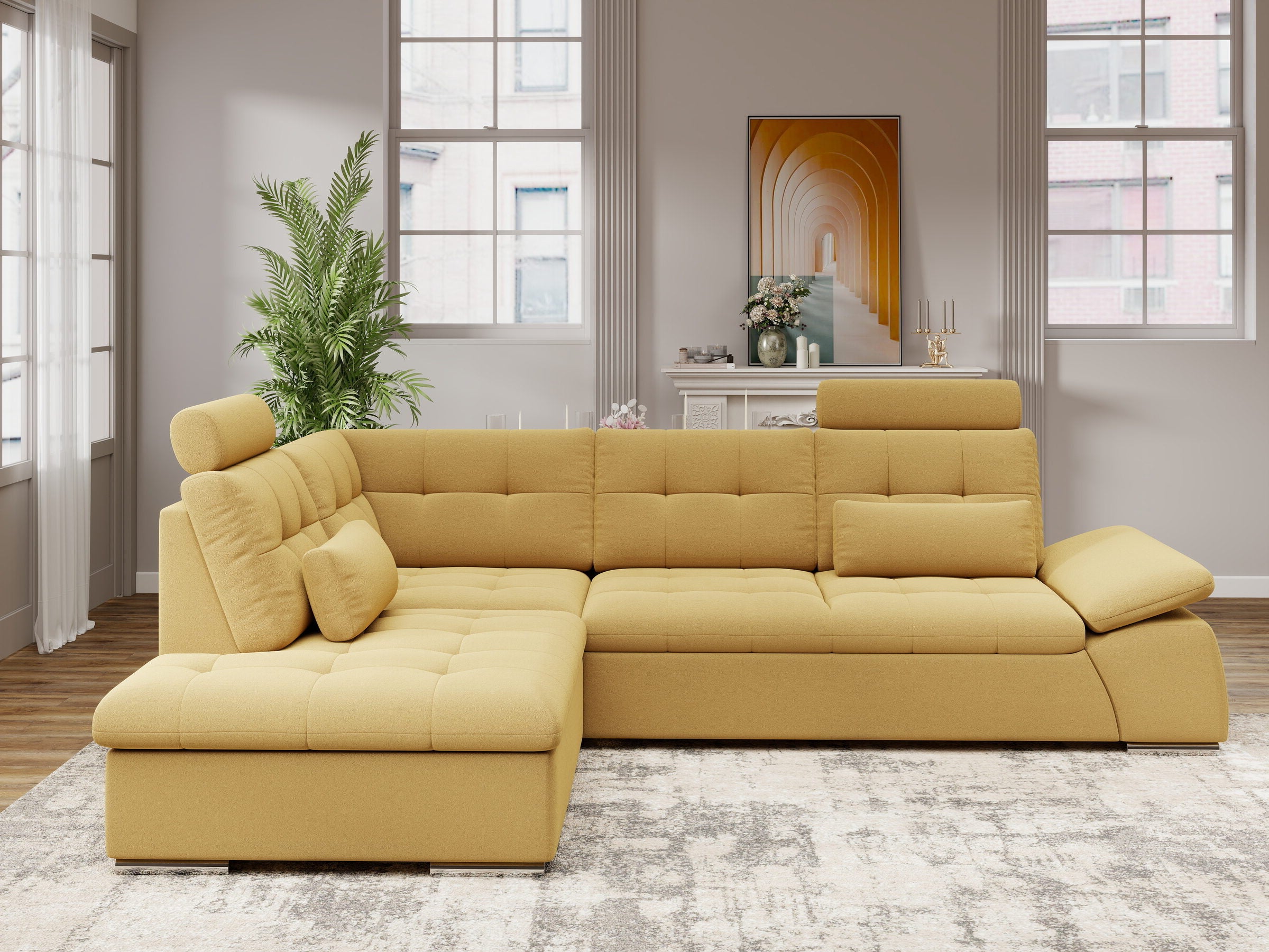 Colțar extensibil dumonde cu ladă de depozitare și șezut confortabil din spumă HR, Merkur XL Royal Mustar 256x217 cm