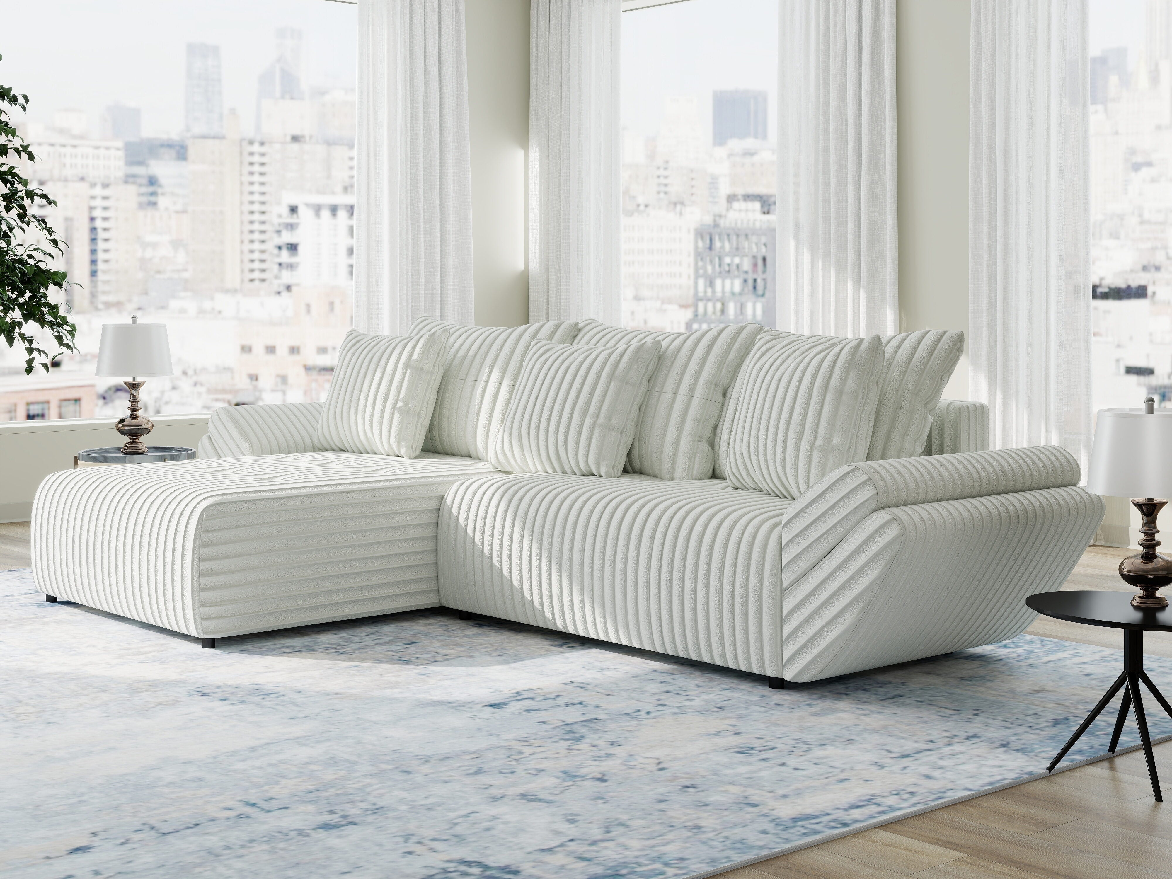 Colțar extensibil dumonde cu ladă de depozitare si sezut confortabil din spuma HR, Berlin Ambience Alb 280x185 cm