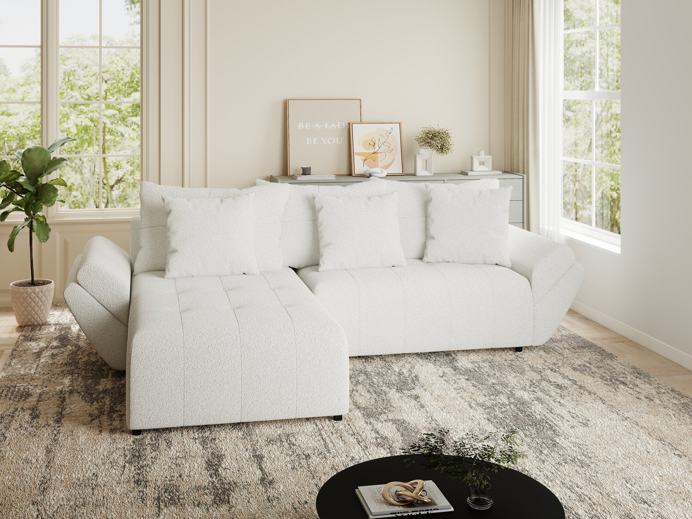 Colțar extensibil dumonde cu ladă de depozitare si sezut confortabil din spuma HR, Berlin Euphoria Alb 280x185 cm