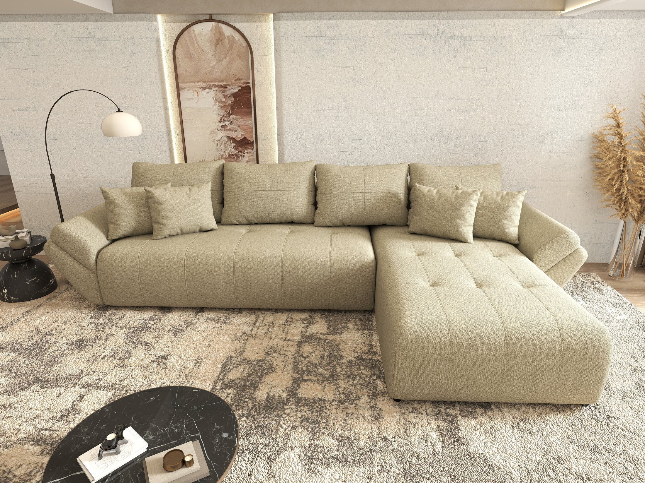 Colțar extensibil dumonde cu ladă de depozitare si sezut confortabil din spuma HR, Berlin XL Enjoy Camel 350x185 cm II