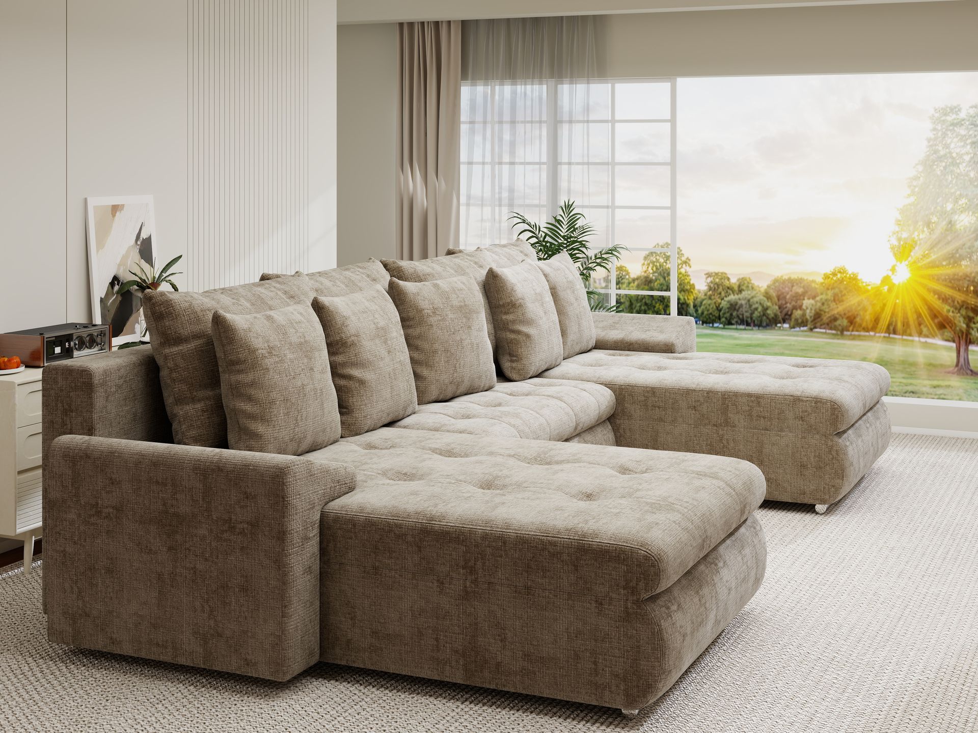 Colțar extensibil dumonde cu ladă de depozitare si sezut confortabil din spuma high-density, Leonardo U Cremona Bej 14 360x185 cm
