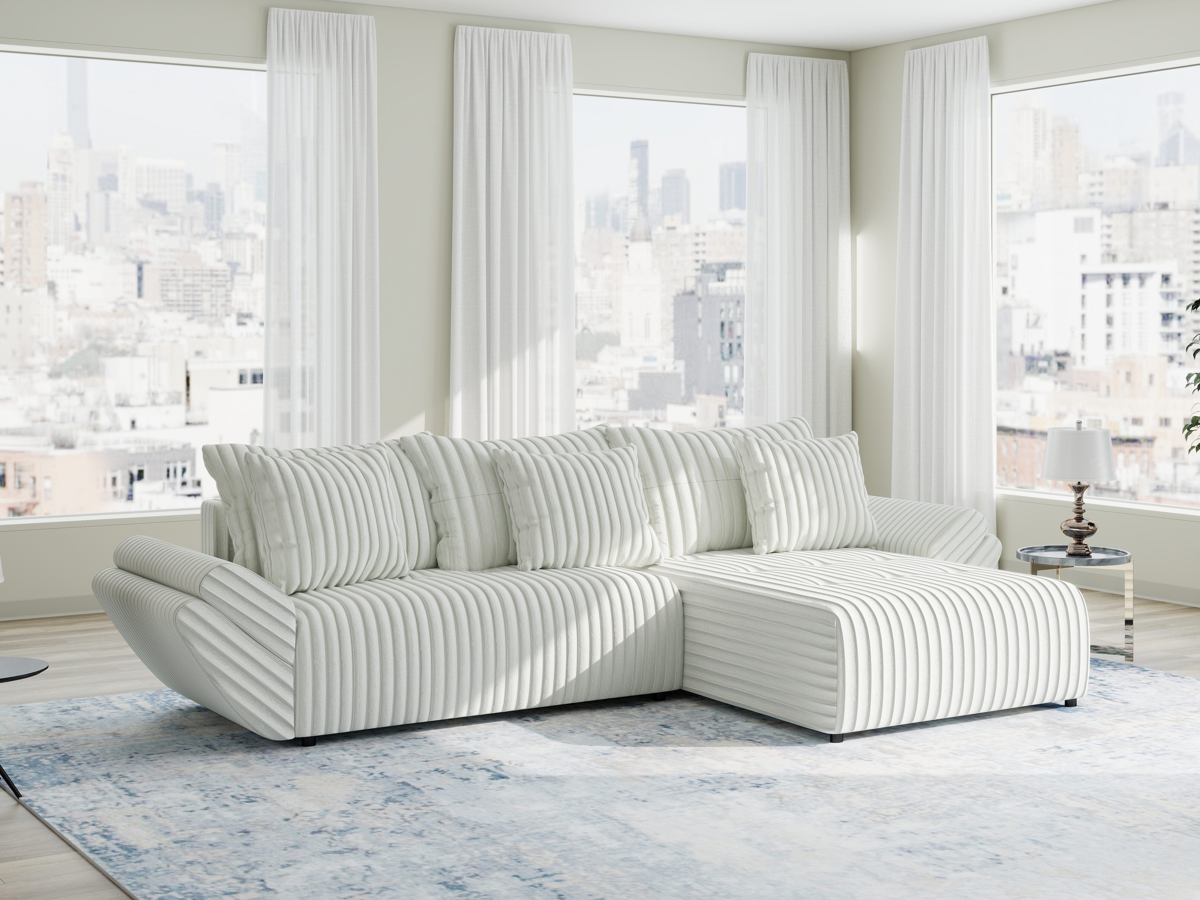 Colțar extensibil dumonde cu ladă de depozitare si sezut confortabil din spuma HR, Berlin Ambience Alb 280x185 cm II