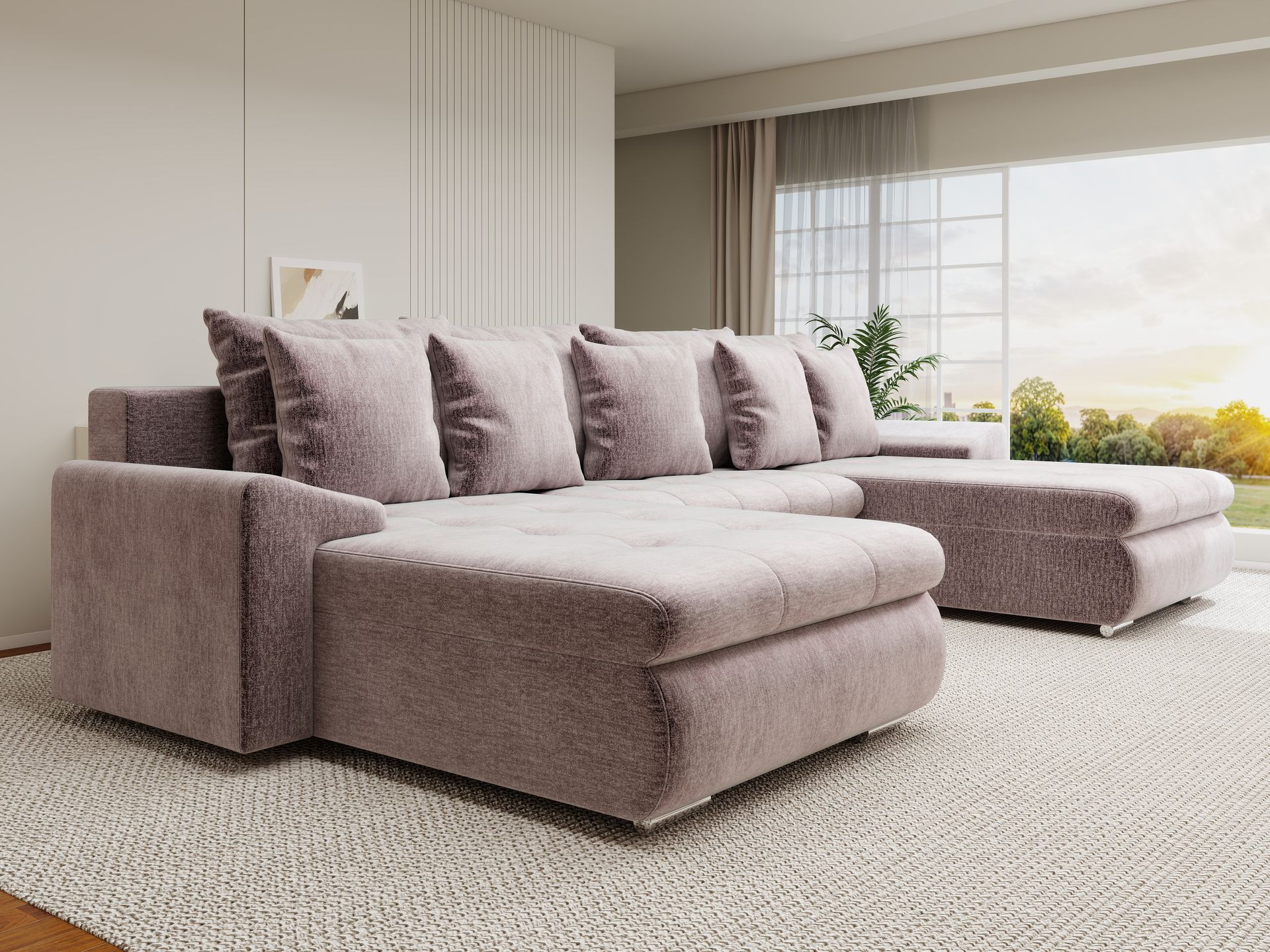 Colțar extensibil dumonde cu ladă de depozitare si sezut confortabil din spuma high-density, Leonardo U Monolith Roz Pudrat 62 360x185 cm