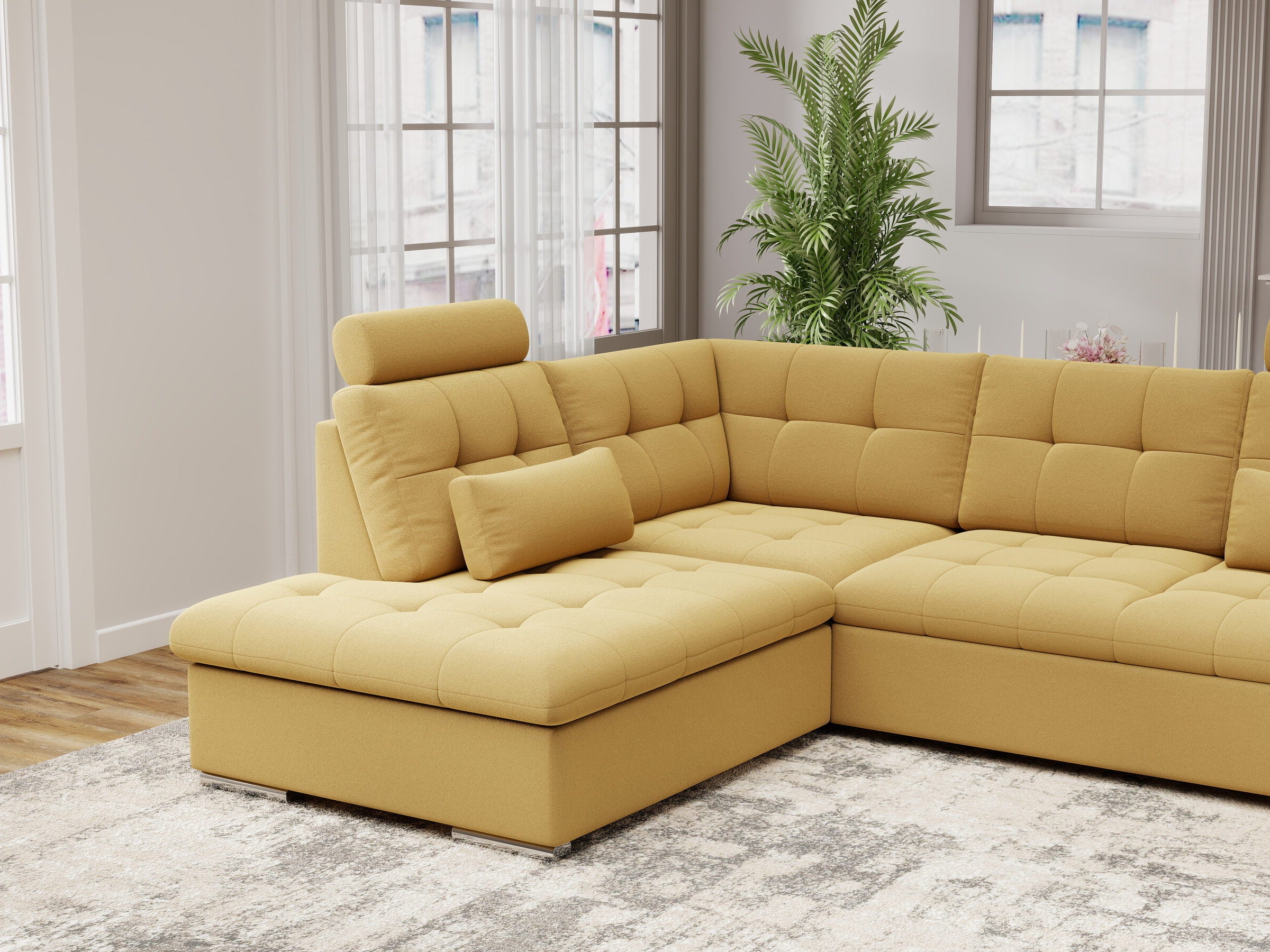 Colțar extensibil dumonde cu ladă de depozitare și șezut confortabil din spumă HR, Merkur XL Royal Mustar 256x217 cm