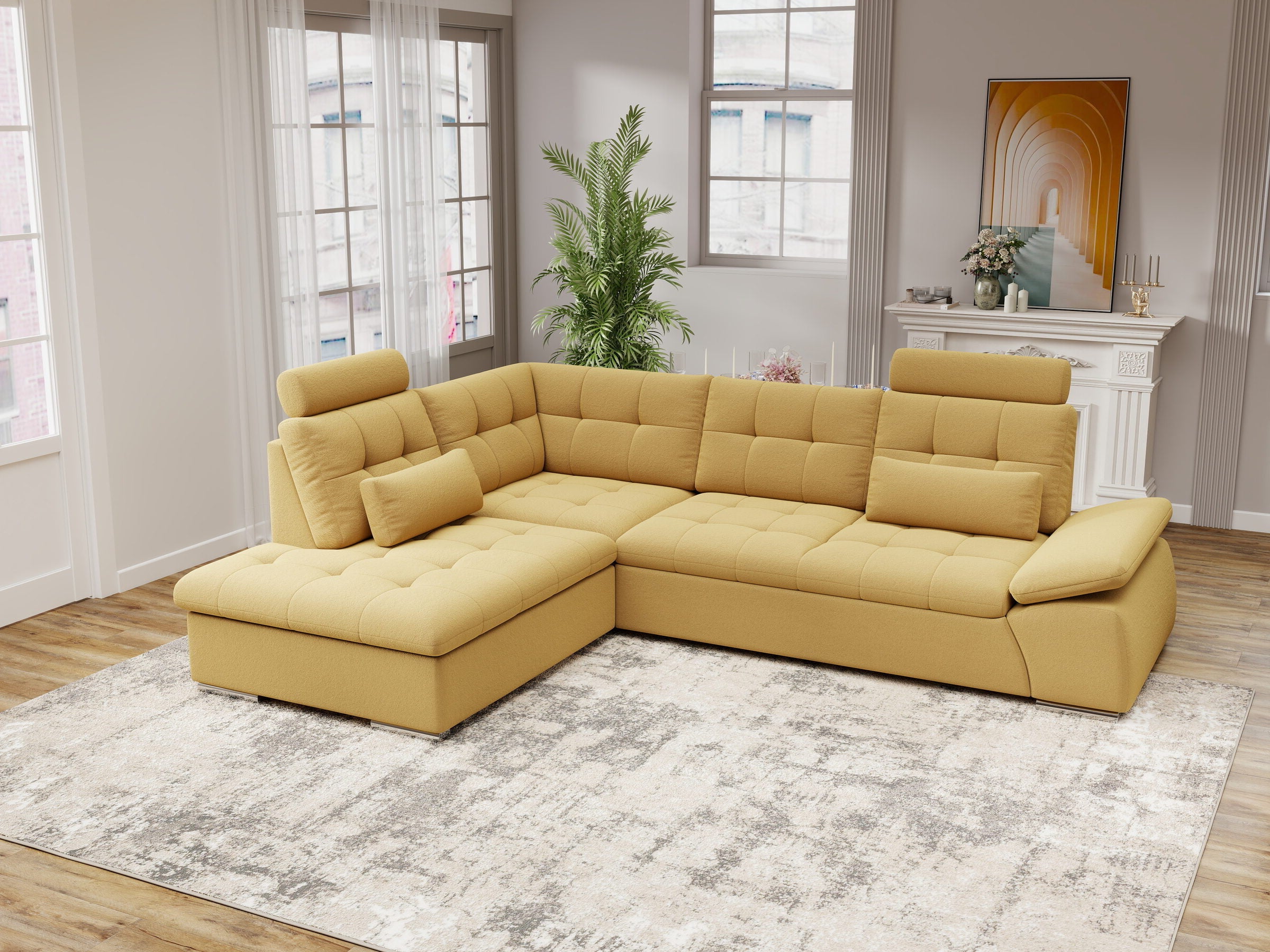 Colțar extensibil dumonde cu ladă de depozitare și șezut confortabil din spumă HR, Merkur XL Royal Mustar 256x217 cm